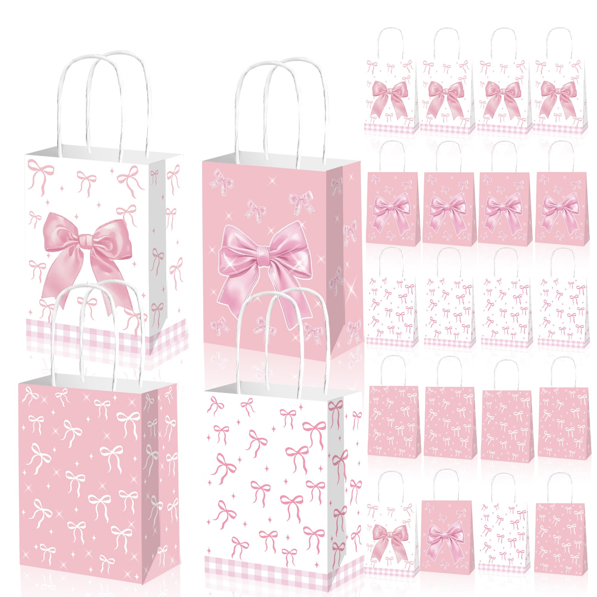12 Packs Pink Bow Bags with Handles, 16cmx8cmx21cm Pink Paper Gift Bags for Kids or Adults in Birthday party, Weddings, Events or Shopping (pink bow) — image 1