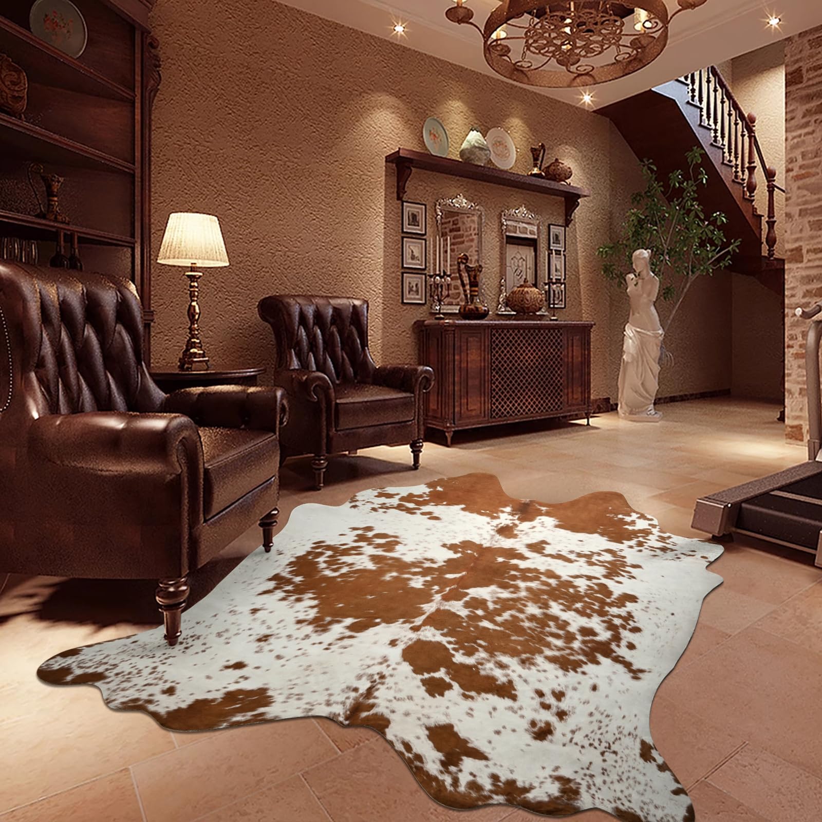 DweIke Premium Faux Cow Hide Rug Cowhide Area Rug, 4.6 x 5.2ft Animal Print Fur Rug Suitable for Bedroom Living Room, Western Decor Carpets for Dining Room Office, Animal Skin Area Rug, Brown-White