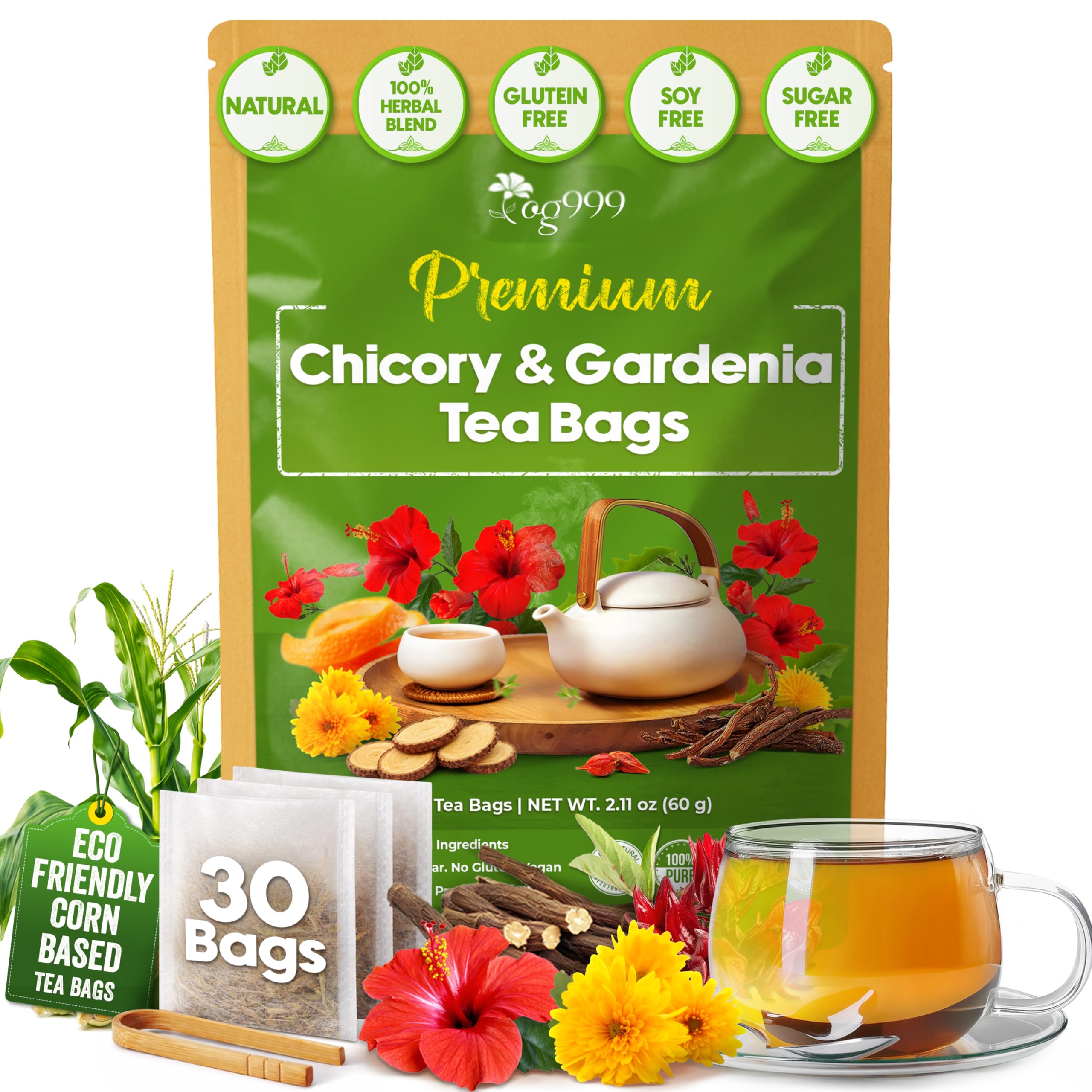 TOG999 Chicory and Gardenia Tea Bags, Herbal Tea, Caffeine-Free, 30 Bags Chicory Gardenia 30 Count (Pack of 1)