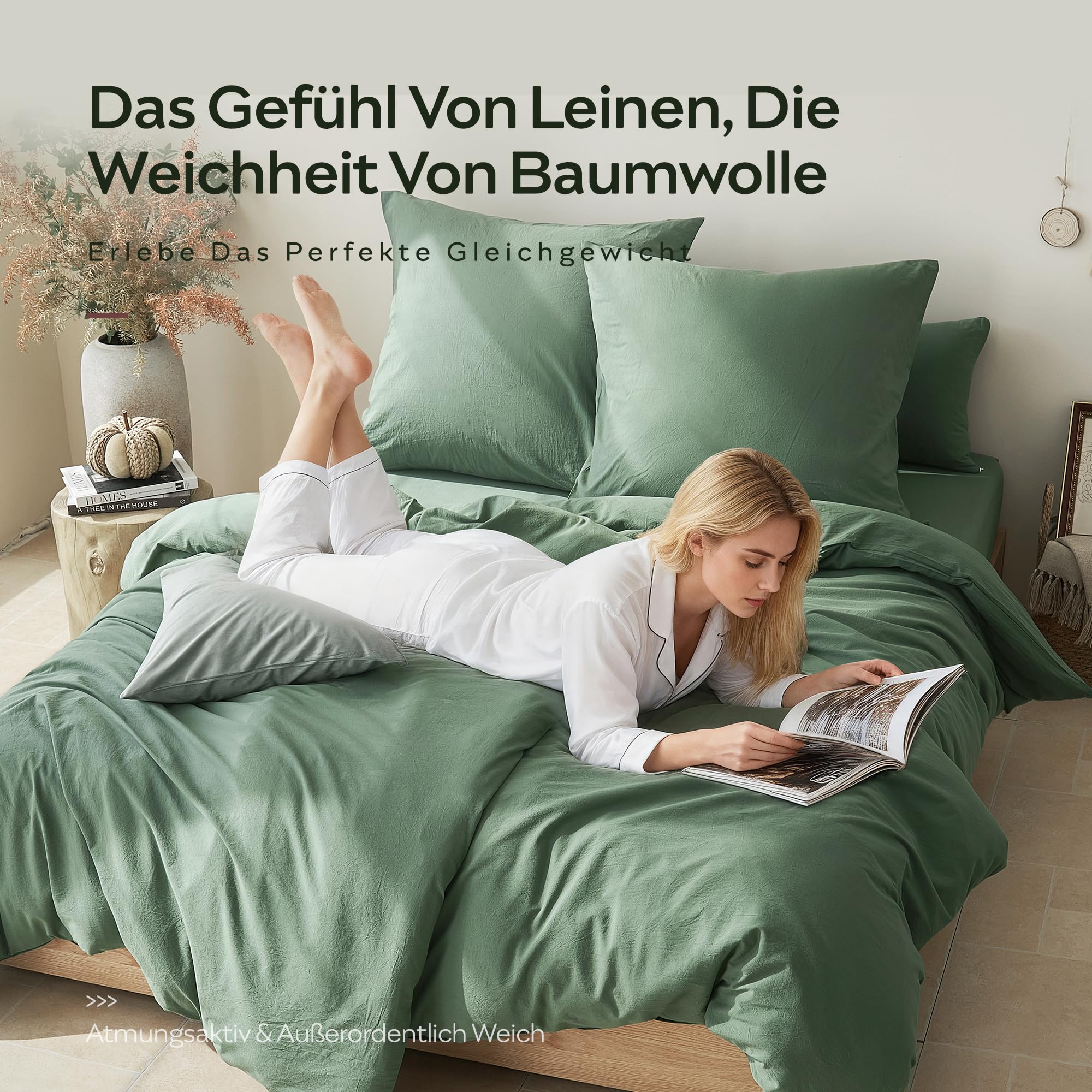 JELLYMONI Bettwäsche 135x200 Baumwolle 4-Teilig Bettwäsche-Sets Grün Oeko-Tex 100% Gewaschene Baumwolle 2 Bettbezüge mit Reißverschluss und 2 Kissenbezüge 80X80 mit Umschlag Weich 4tlg. Bettwäsche
