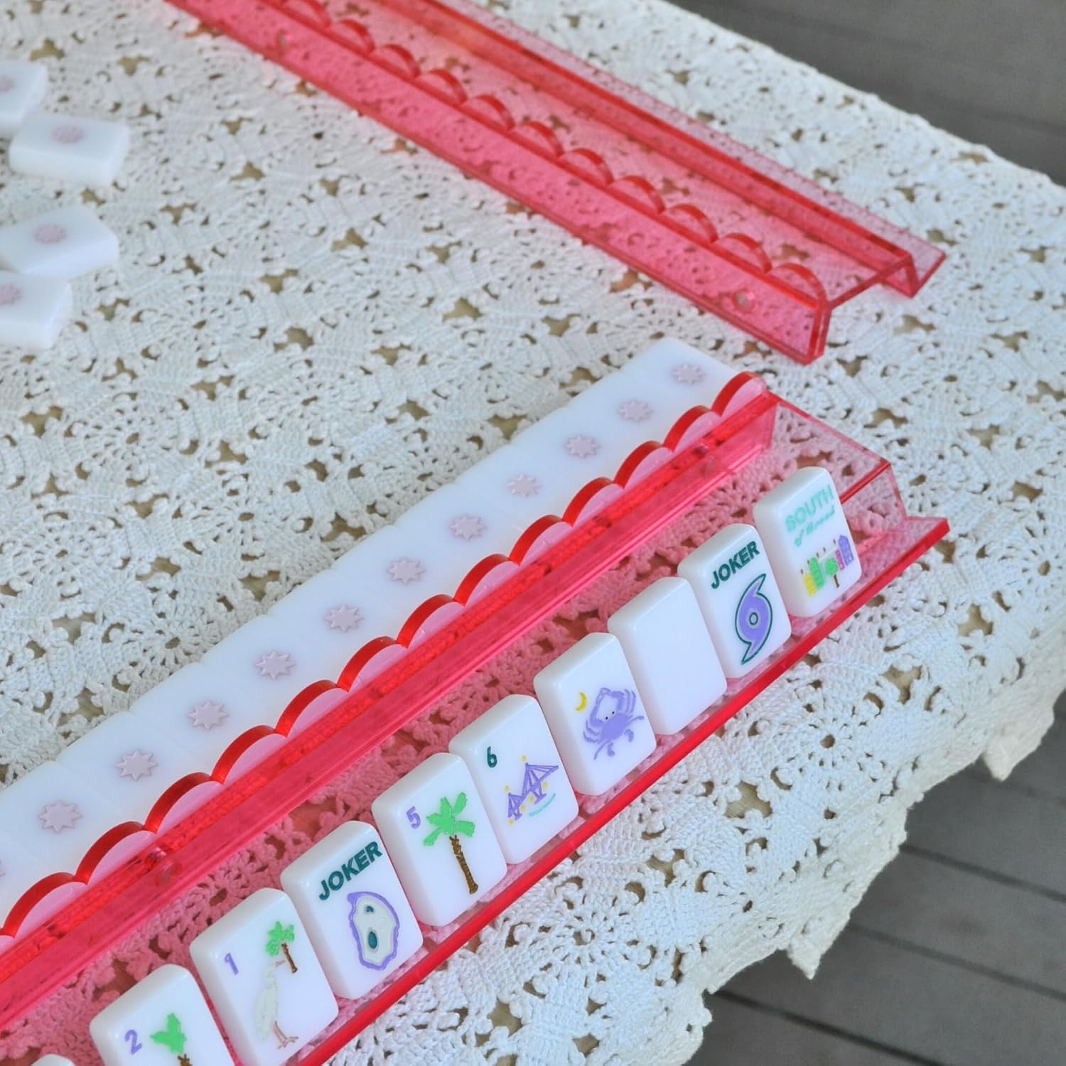Rose Pink Translucent Acrylic Mahjong Racks and Pushers with Fully Detachable Magnetic Wall Pusher, 20 Inch Extended Length, Glossy Finish, Four Racks Included