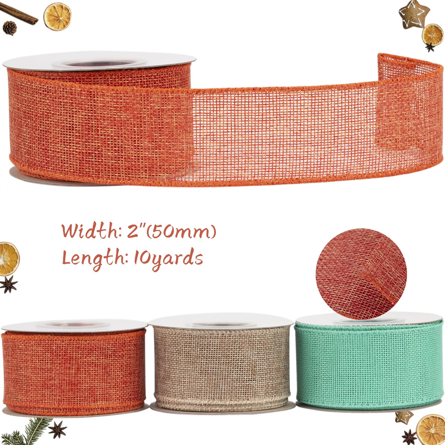 Tekdeere Burlap Ribbon 50mm x 9 Meters, Orange Wired Ribbon for Crafts, Gift Wrapping, Wreaths, Bows, Tree Decoration and Outdoor Decoration - Image 2