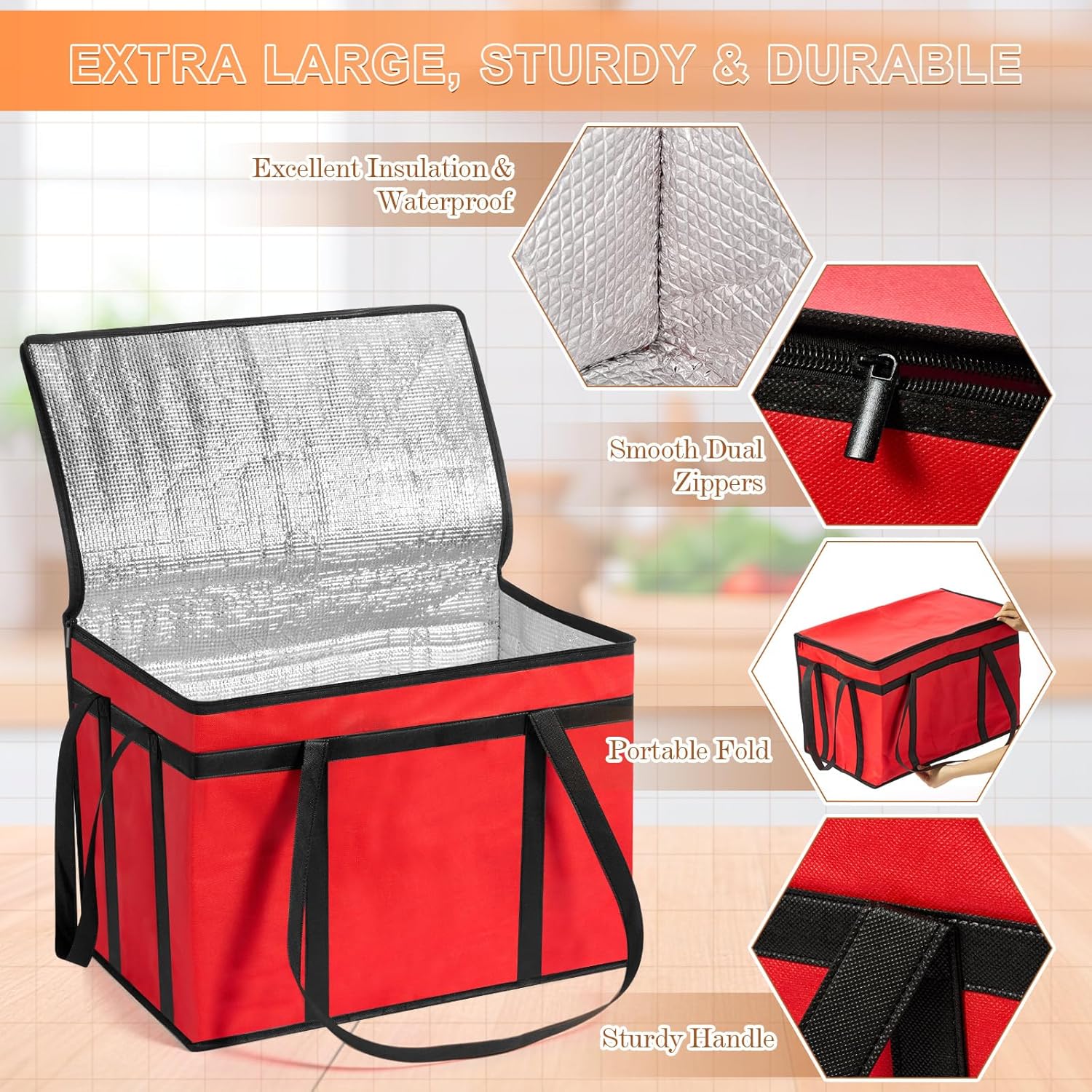 Dansydaisy 10 Pcs Insulated Food Delivery Bags XXXL Pizza Delivery Catering Bags Large Capacity Cooler Carrier with Handle for Hot and Cold Food Grocery Travel Lunch Shopping, Red