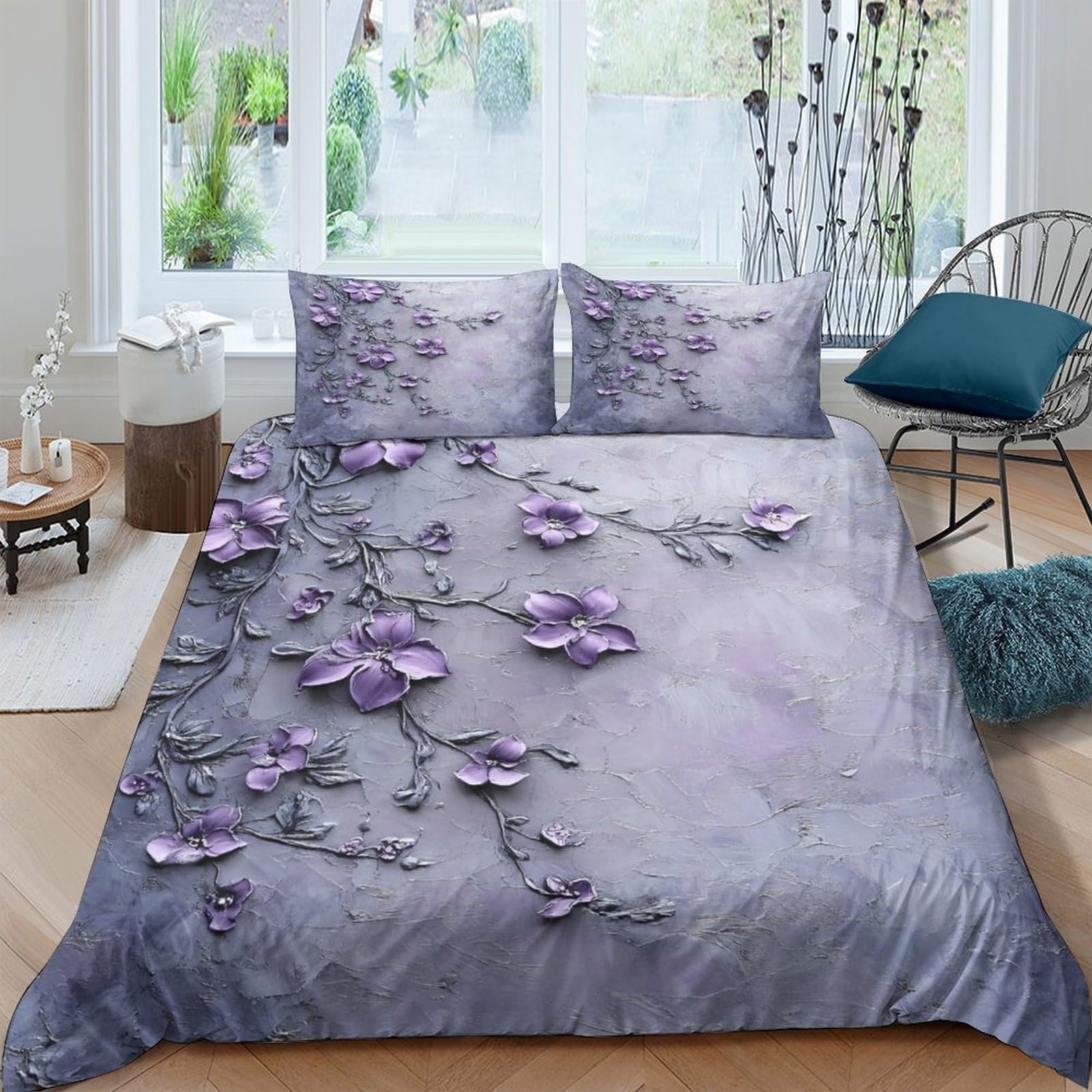 Ctjqhvkz Style-3 3D Printed Purple Floral Fitted Sheet Microfiber Elegant Bedroom Decor Lavender Blossom Bed Cover For Home Guest Room Single（135X200cm）