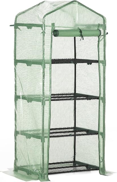 Outsunny 4 Tier Mini Greenhouse, Portable Green House with Steel Frame, PE Cover, Roll-up Door, 70 x 50 x 160 cm, Green