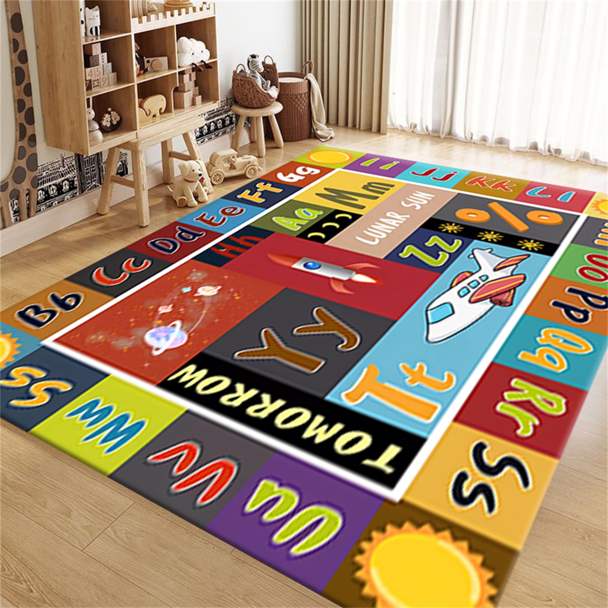 ABC Education Area Rug Kinderteppiche zum Lernen von englischen Buchstaben, lustiger Weltraum-Thema, Patchwork-Teppich, Spielzeit, Überwurf, Teppiche für Wohnzimmer, Esszimmer, Waschküche, Bad