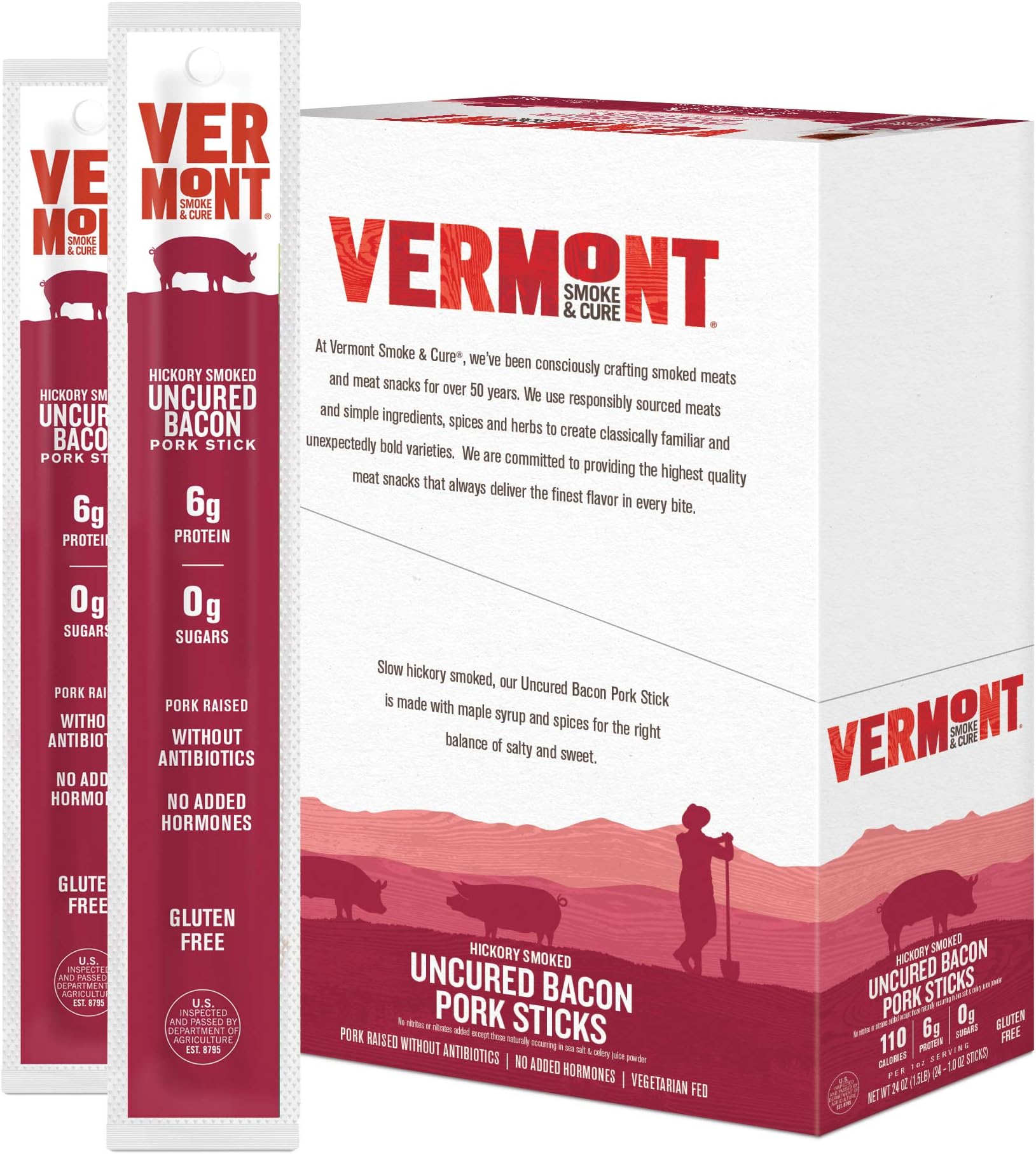 Vermont Smoke & Cure Pork Meat Sticks, Antibiotic Free, Gluten Free, Uncured Bacon, 24 Count