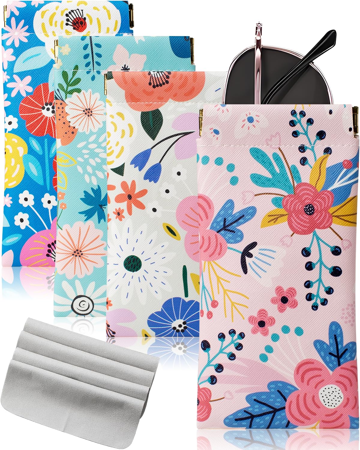 4 Pcs Squeeze Top Sunglass Case with Cleaning Cloth, Soft Leather Eyeglass Case Portable Sunglasses Pouch-image-42