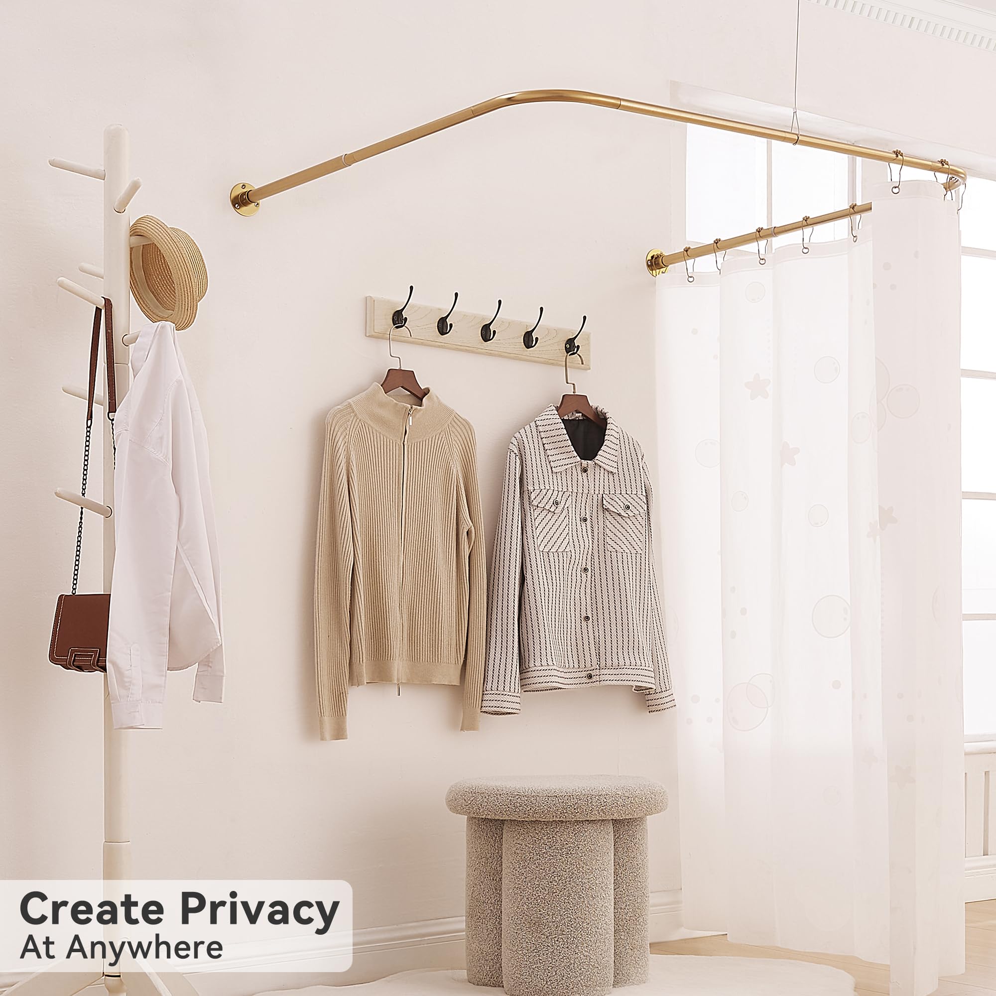 Barre de Douche Angulaire en Forme de U, Ajustable [Côtés: 61-132 cm, Centre: 79-119 cm], pour Baignoire, Douche et Extérieur avec 12 Crochets et Support de Plafond