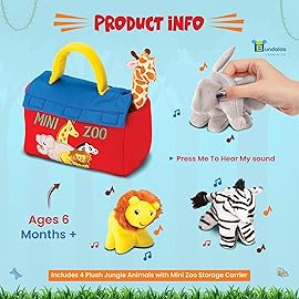 Bundaloo Plush Mini Zoo Playset - Giraffe, Elephant, Lion, Zebra - Interactive Animals, Carrier with Velcro Closure, Natural Sound Effects for Babies and Toddlers