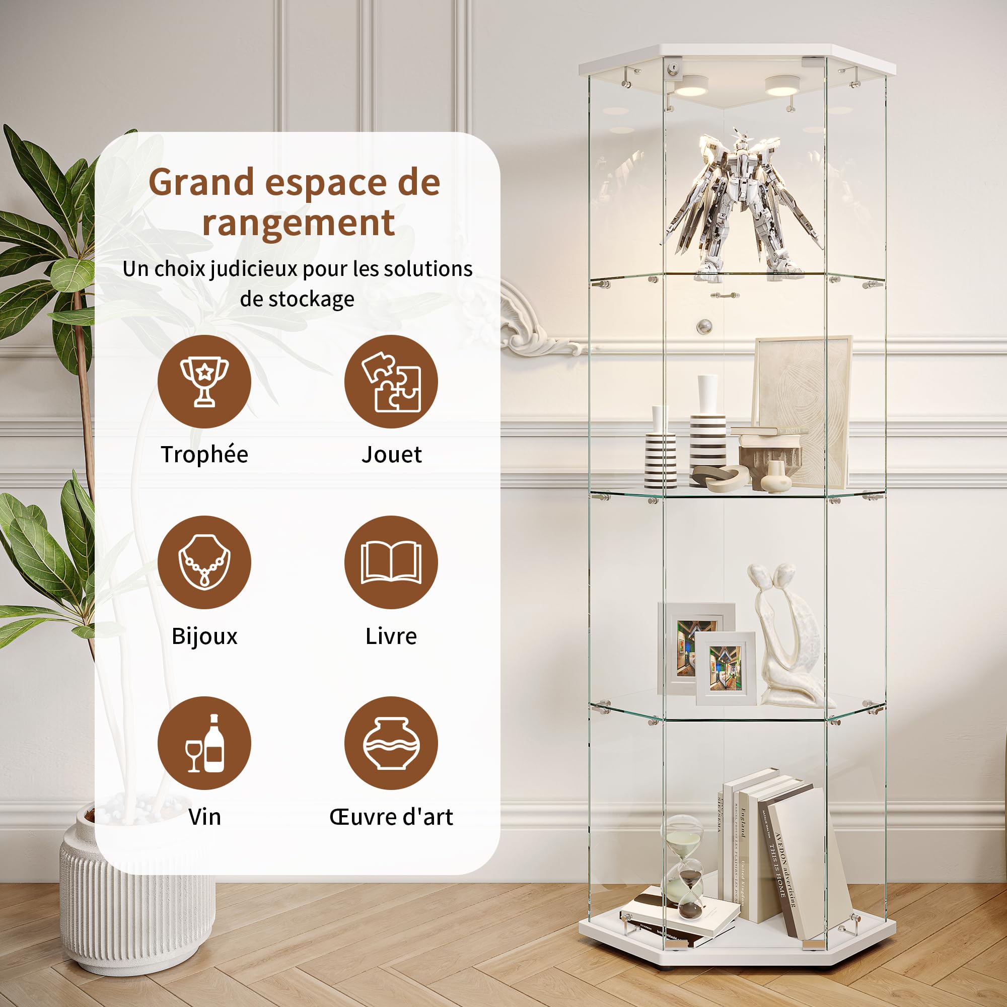 Vitrina de Cristal led, 162x60x40 cm vitrina Expositora de Vidrio con Cerradura LED y Puerta 4 Estantes VitrinaExpositora de Esquina Vitrina Transparente Grande vitrina de Colección para Salón Bar