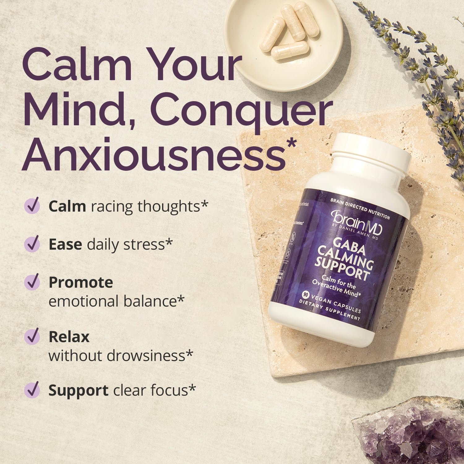BrainMD Dr Amen GABA Calming Support - 90 Capsules - Promotes Relaxation - Contains Magnesium, Vitamin B6 & Lemon Balm - 90 Servings — Amazon image 2
