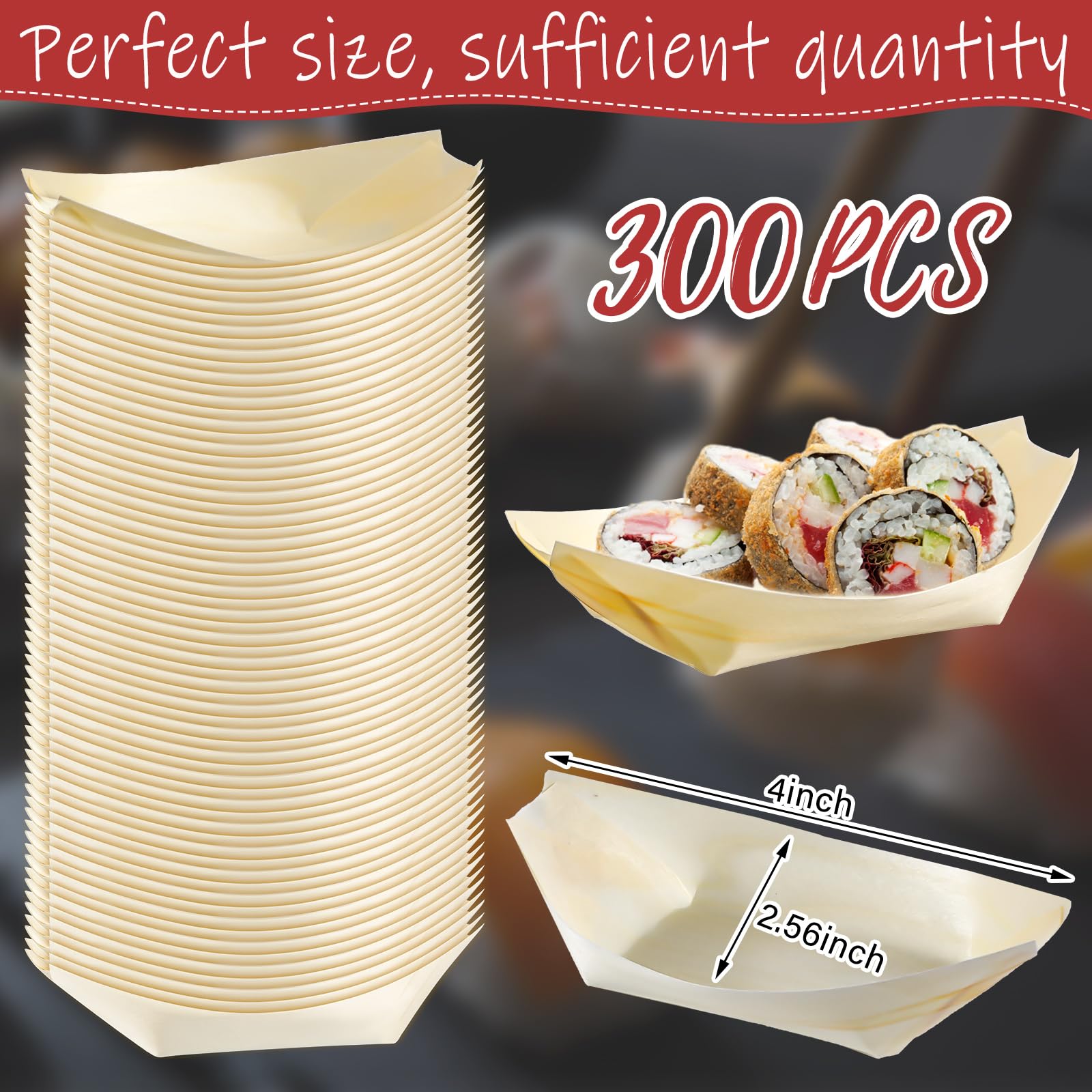 Hoolerry 300 platos desechables de madera para barco, 4 pulgadas, botes de alimentos, desechables, de hoja de bambú, barco, plato de barco de madera, bandeja para servir sushi, contenedor de