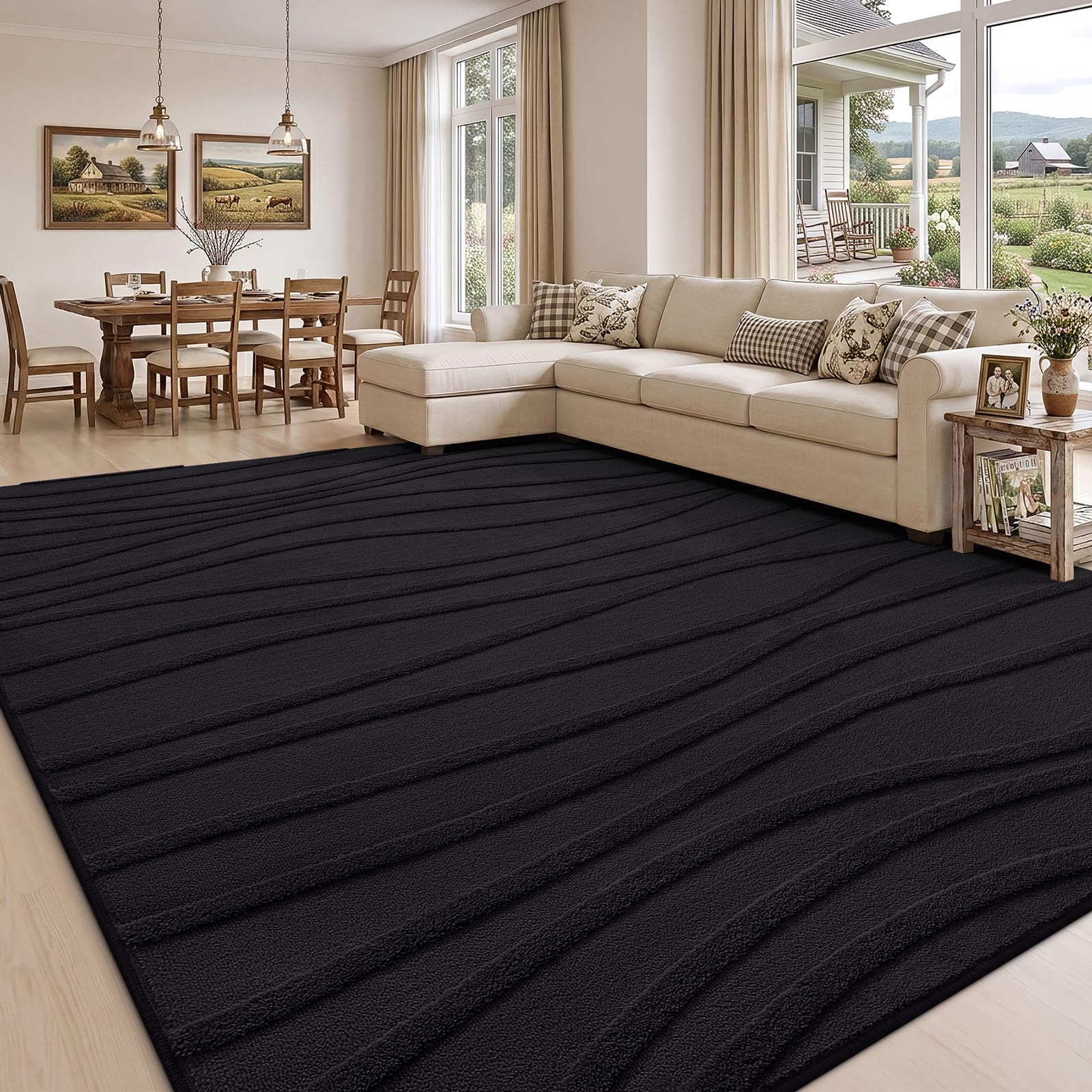 Homaxy Rugs Living Room 240x340cm, Soft Plush Wave Pattern Area Rug, Non-Slip Washable Bedroom Carpet for Kids & Pets, Modern Short Pile Rug for Home Decor, Black