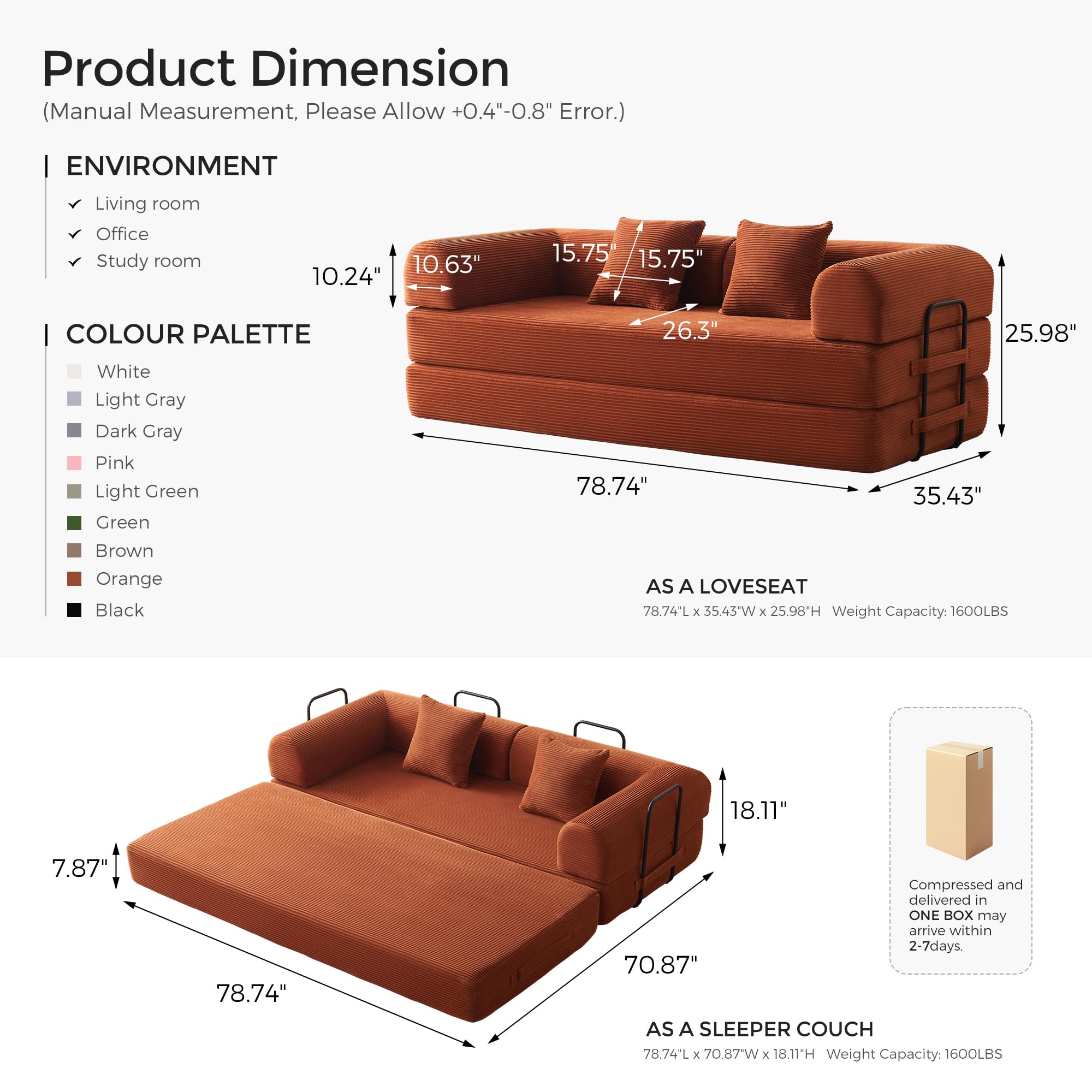 79" Convertible Futon Sofa Bed, Boneless Couch for Living Room | Orange | Folding Corduroy Boneless Sleeper Sofa, Modular Futon Couch with Fixed-Shape Frame, Pull Out Couch No Assembly