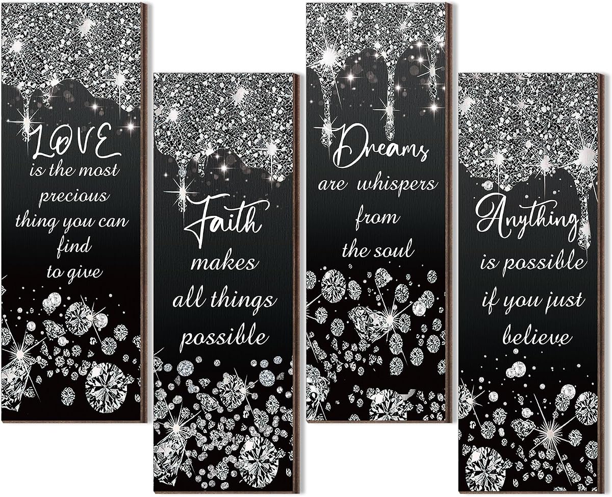 Huwena 4 Pcs Glitter Diamond Modern Bathroom Decorations Wooden Wall Art Black and Silver Bathroom Wall Decoration Love Faith Believe Dream Shiny Drip Hanging Sign for Home Living Room Toilet