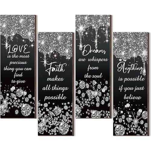 Huwena 4 Pcs Glitter Diamond Modern Bathroom Decorations Wooden Wall Art Black and Silver Bathroom Wall Decoration Love Faith Believe Dream Shiny Drip Hanging Sign for Home Living Room Toilet