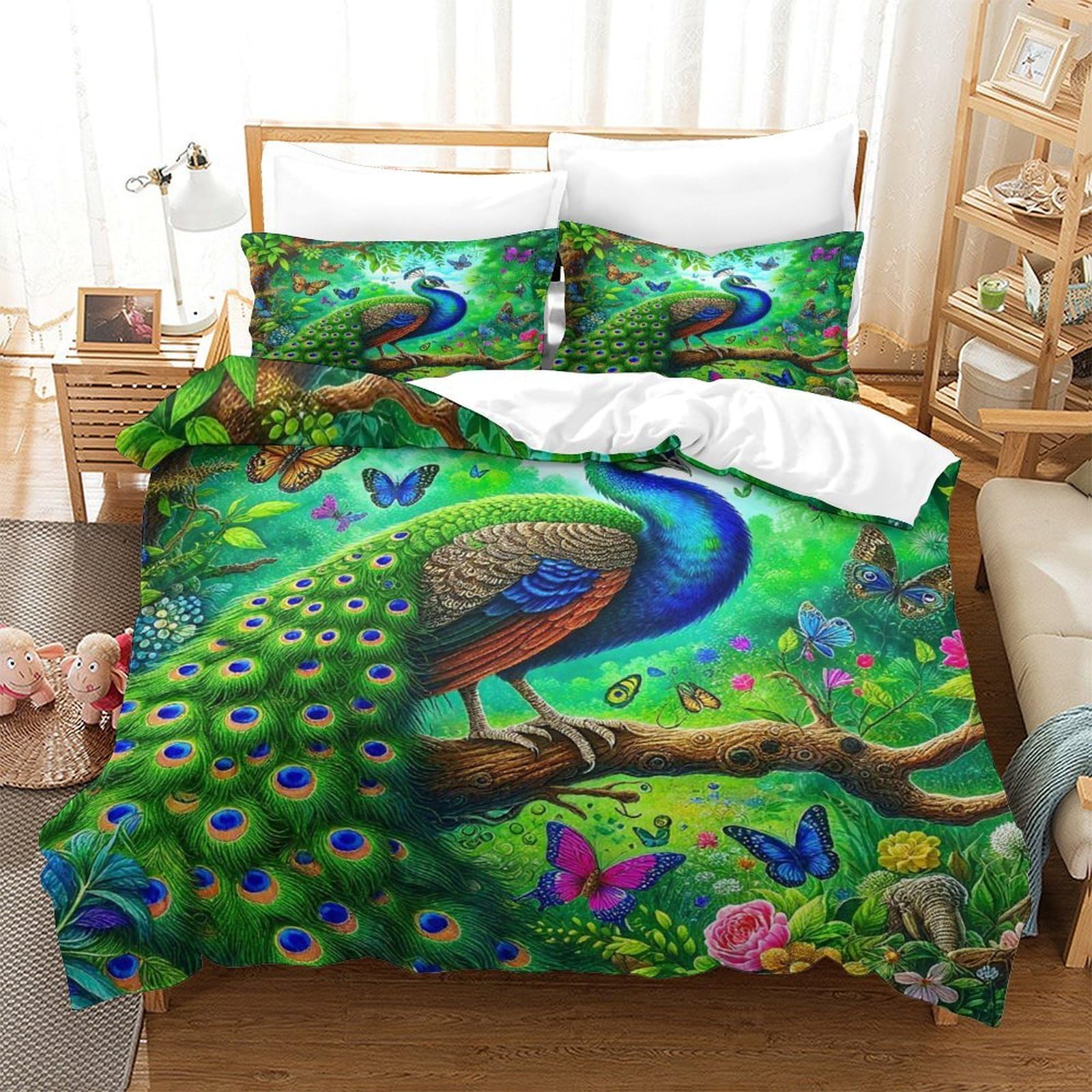 YYVKPMLXC Peacock Duvet Cover Sets,Cozy Forest 3D Bedding Set Soft Microfiber Quilt Cover 3pcs, Comforter Cover with Zipper Closure for Girls Boys Children Bedroom King（220x240cm）