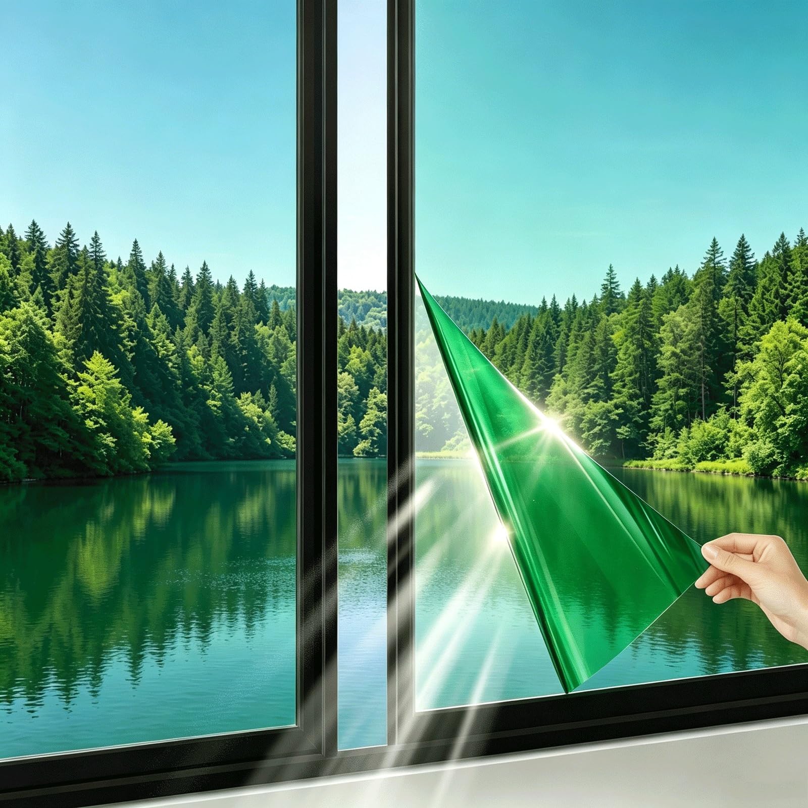 Vinilos para Cristales Efecto Espejo 80 x 210 cm UV Anti Sol Termico Pegatina Papel Polarizado Reflectante Anti Sol Bloqueo Espejo Película para Ducha Hogar Tienda Casa, Verde