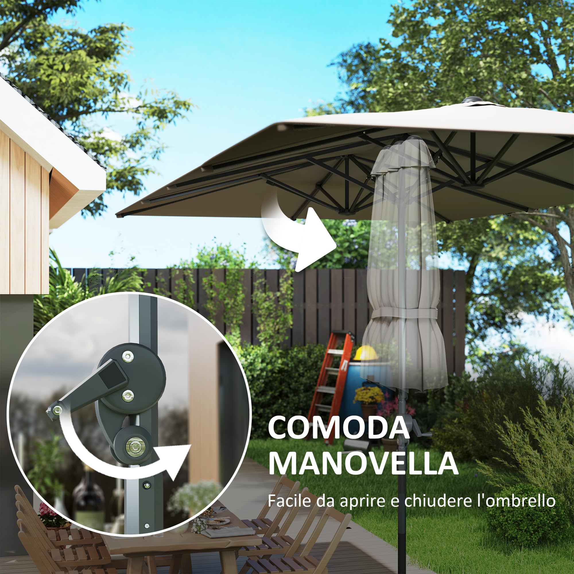 Outsunny Ombrellone da Giardino Doppio 4.5x2.6 m Anti UV50+ Grigio Scuro | Con Manovella, Ombrellone per Esterno, 12 Stecche, Alluminio, Poliestere 200g/㎡, per Cortile, Terrazza