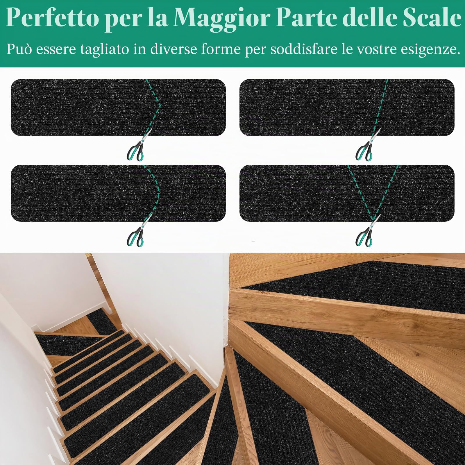 Tappetini per scale, 14 pezzi, antiscivolo, autoadesivi, 20 x 76 cm, protezioni per gradini, per bambini, anziani, animali domestici, per scale, colore nero