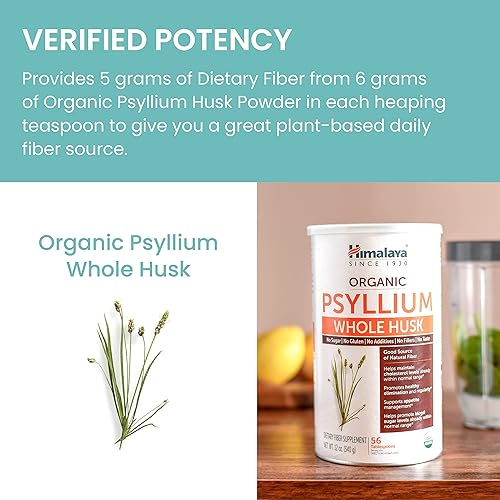 Miniatura 6 de Himalaya Cáscara entera de psyllium orgánica para soporte diario de fibra y colesterol, 12 onzas, 56 cucharadas de suministro