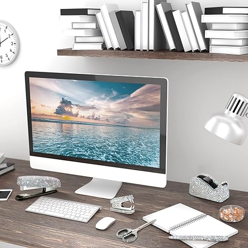 Miniatura 5 de Juego de 6 piezas de accesorios de escritorio de oficina, kit de papelería escolar de cristal, grapadora de tijera con grapa, dispensador de cinta,