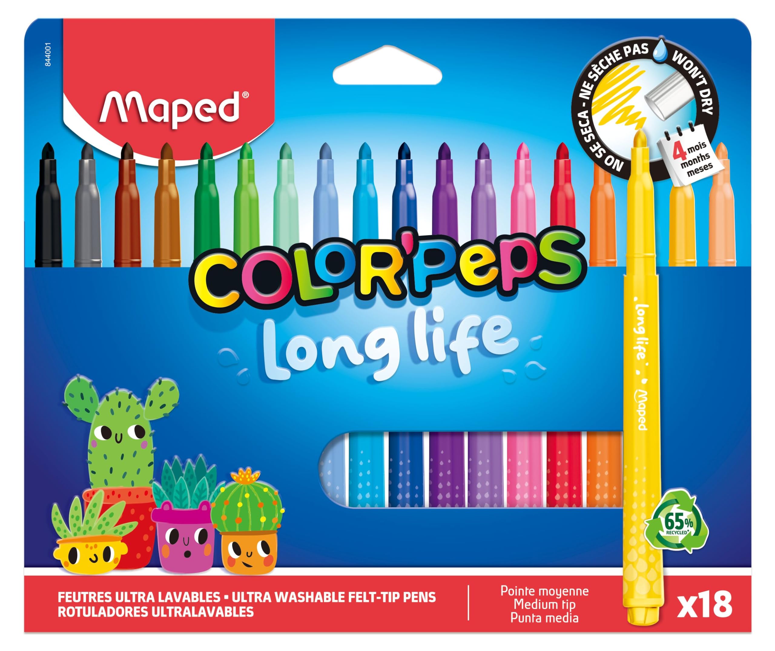 Maped - Color Pep's Long Life - zaopatrzenie szkolne - Zmywalne flamastry z super wytrzymałą zablokowaną końcówką - nie wysychają bez kapturka - Jasne kolory - Doskonałe krycie - x18