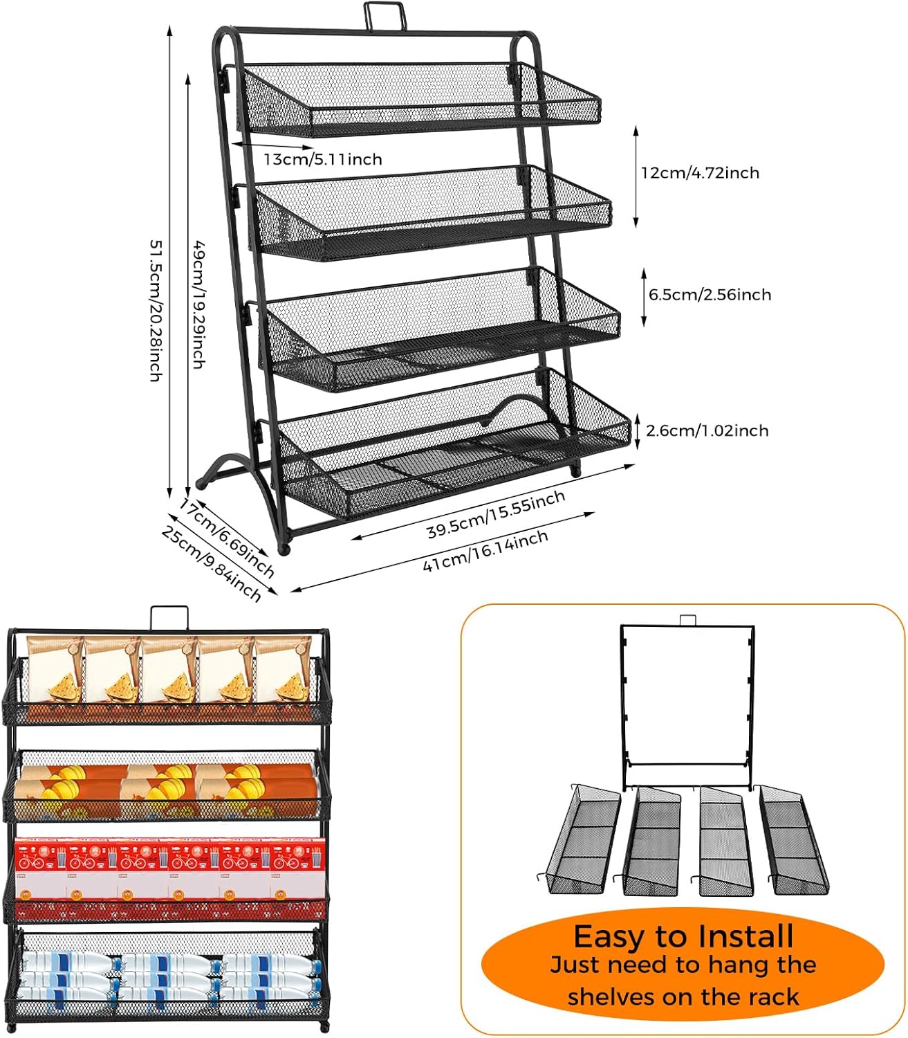 4 Tiers Retail Display Shelf Candy Snack Rack Organizer Countertop Metal Display Rack for Kitchen Pantry Stores Supermarkets (Black)