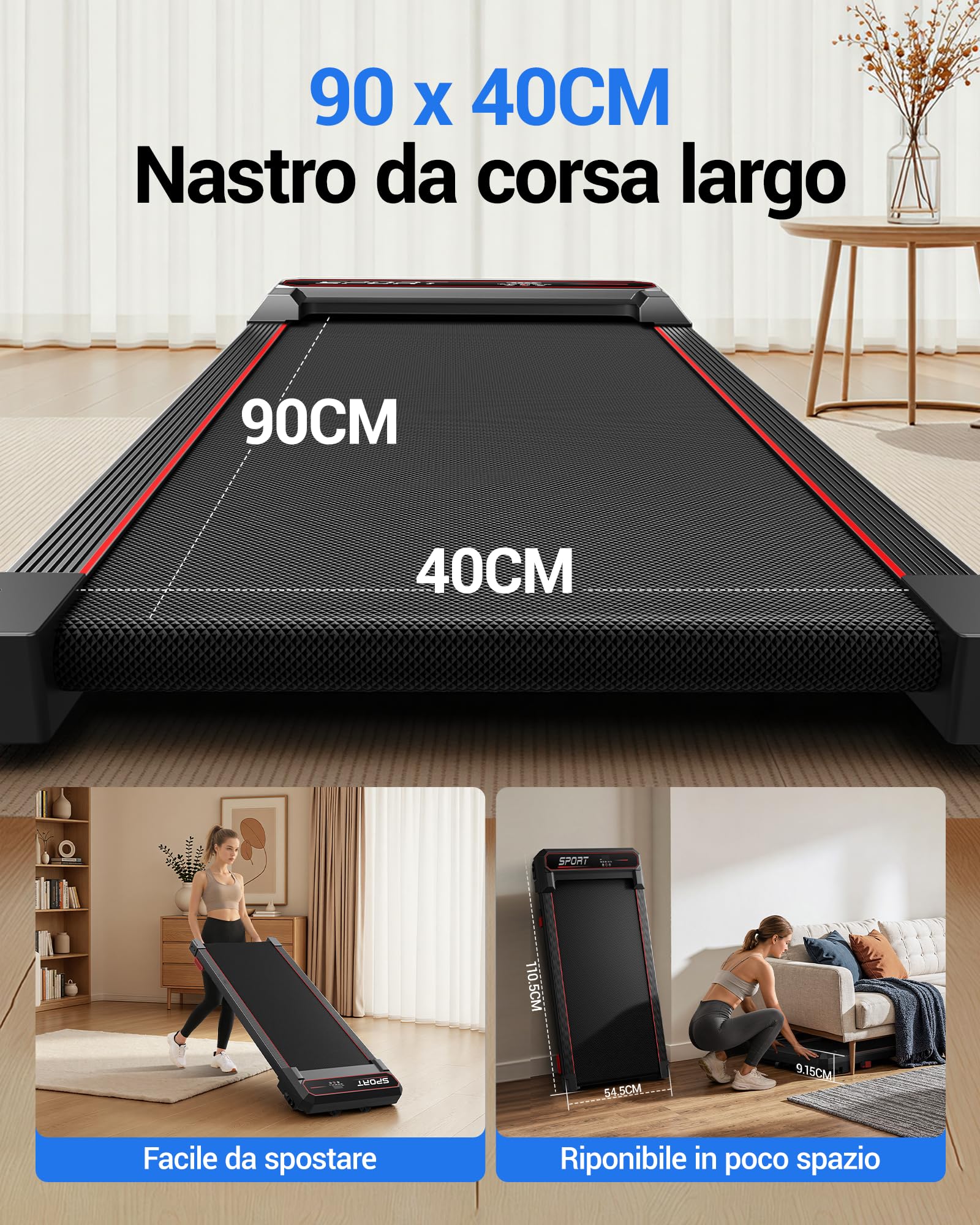UMAY Tapis Roulant Salvaspazio Pieghevole 10KM/H, Maniglioni Regolabili | 16% Tapis Roulant Pieghevole Salvaspazio, 3.0HP Tapirulan Elettrico Offerte Pieghevole, Treadmill Walking Pad, Portata 136 KG