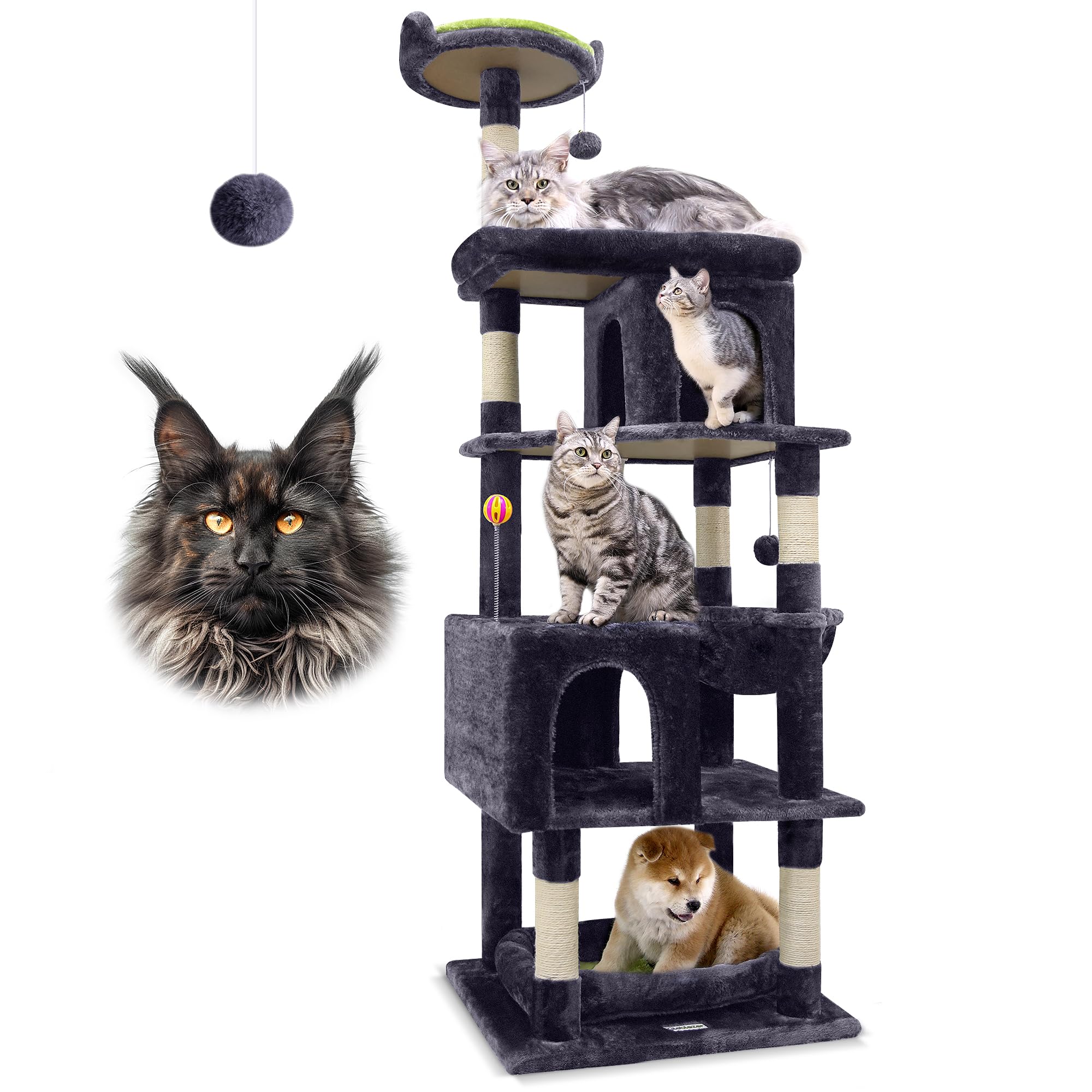 S72 Tall Large Cat Tree, Sturdy Series 72in Cat Tower Condos for Indoor Adult Biggest Cats (Maine Coon) 20lbs+, 5 Scratching Posts, 2 Cozy Caves, Hammock Basket (Dark Gray)
