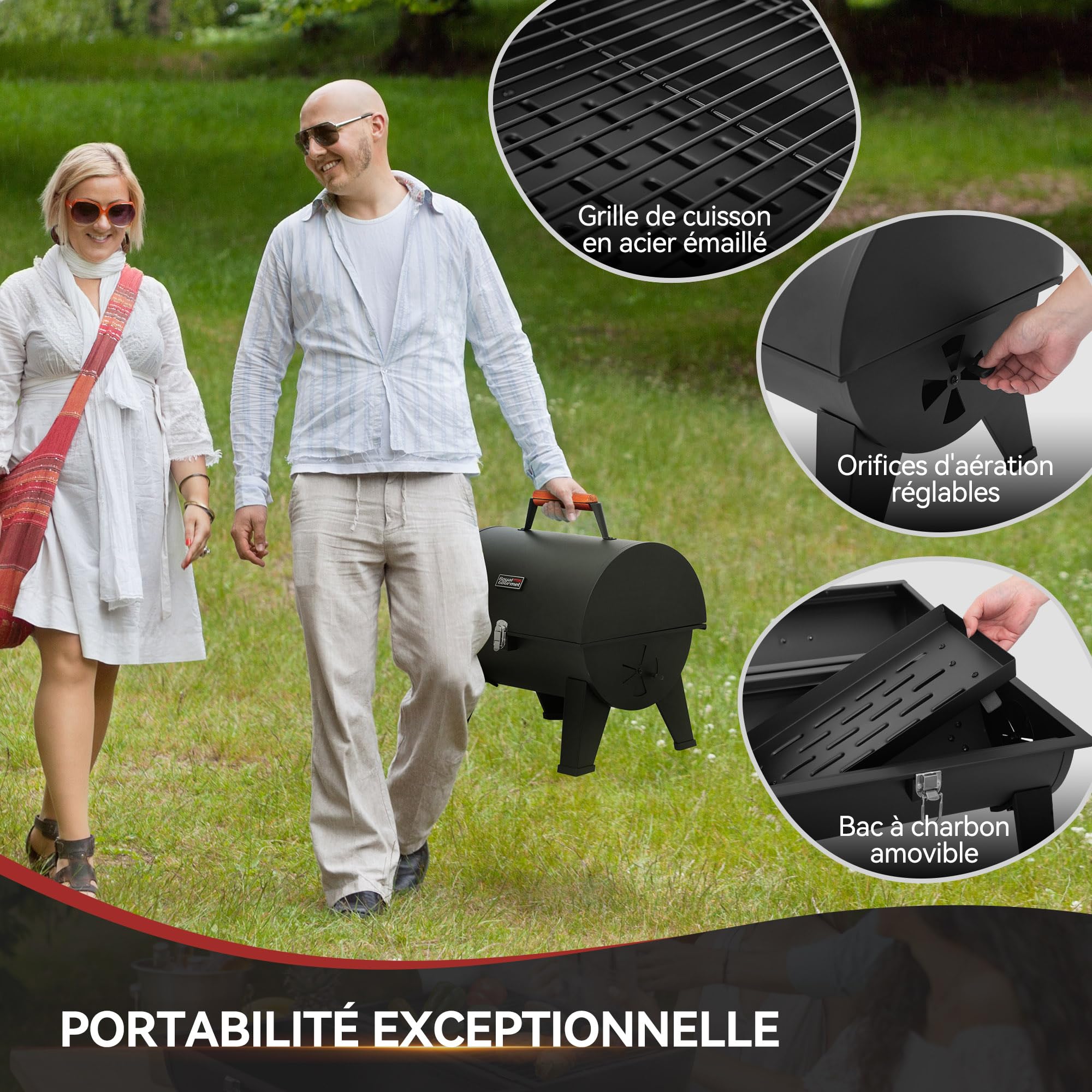 Royal Gourmet Przenośny grill na węgiel drzewny, grill z drutu stalowego na węgiel drzewny emaliowany powierzchnia do pieczenia 44 x 31,8 cm, odpowiedni na kemping i na zewnątrz, czarny
