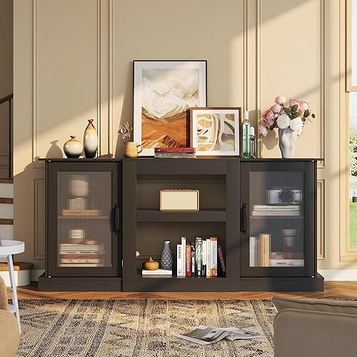 Miniatura 2 de WLIVE Soporte de TV estilo granja para TV de 65 pulgadas, centro de entretenimiento de 58" con gabinetes de almacenamiento, consola de TV con Negro