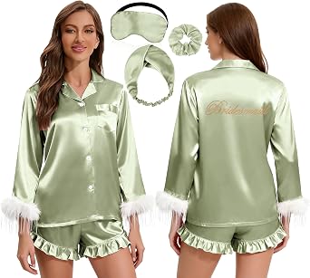 EPLAZA Bride Bridal Pajamas Set Women Bridesmaid Pajamas 2pcs Feather Trim Sleeve Silk Satin Pjs Set for Bridal Party Gifts