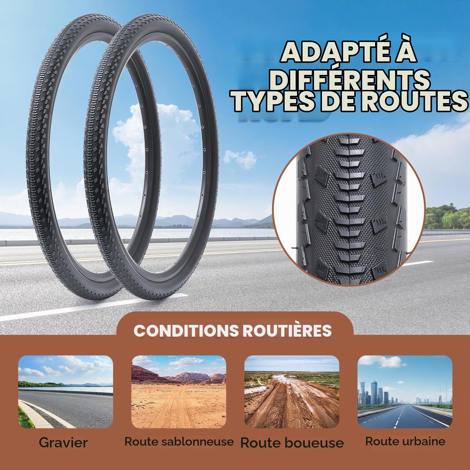 Lot de 2 pneus de vélo 27,5 x 1,75 pouces - Pneus de vélo 27,5 x 1,75 - 47-584 - Compatible avec vélos de route/ville - 27,5 x 1,75 - Pliables