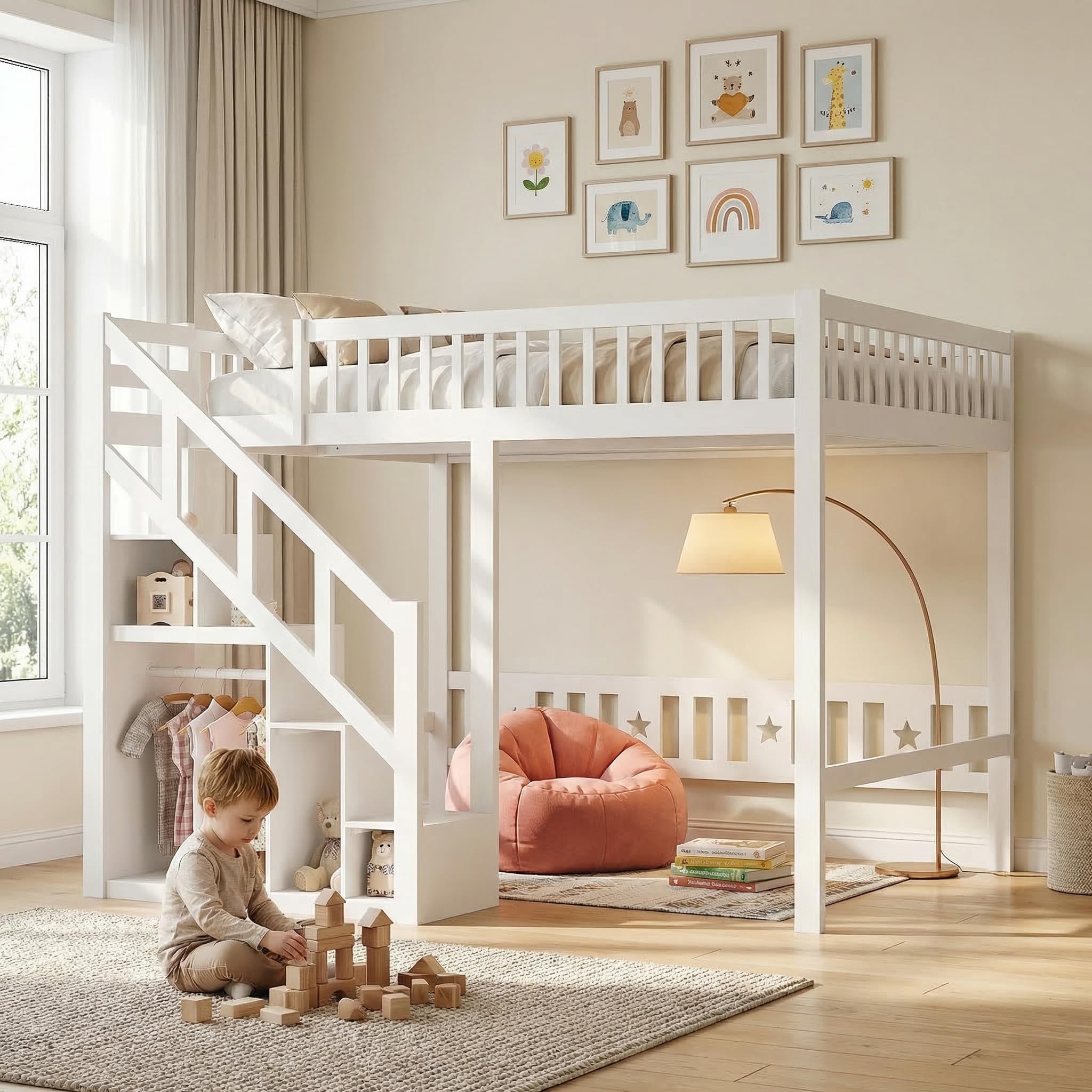 Letto a Soppalco 90x200 per Bambini con Scala Contenitore e Armadio, Letto a Castello in Legno Massello con Protezione Anticaduta, Letto Rialzato Salvaspazio per Cameretta, Bianco
