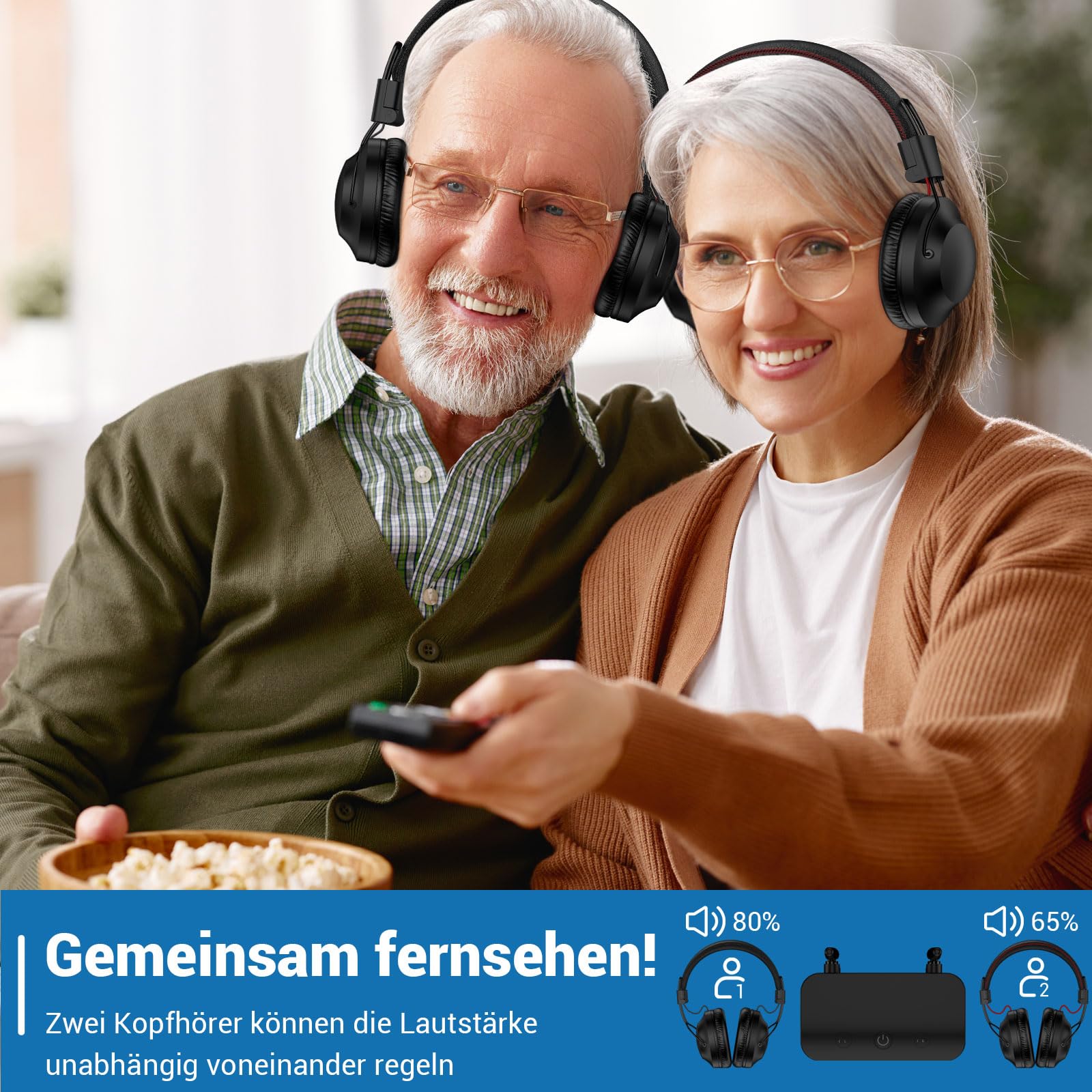 Dual Wireless Kopfhörer zum Fernsehen mit Sender und Headset-Ständer, 196ft Reichweite mit optischen, AUX, RCA und USB, hohe Lautstärke, 40 Stunden Spielzeit