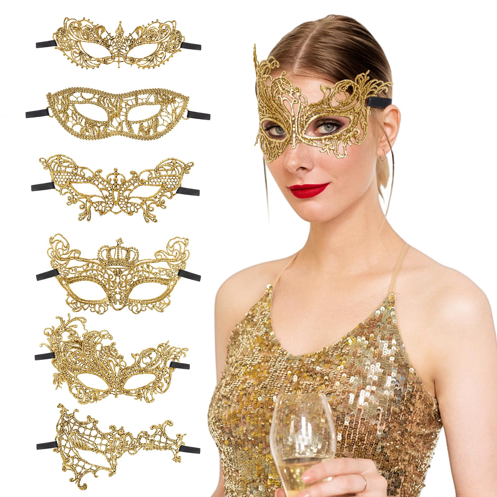 Minicoco 6pcs Lace Masquerade Masks - Lady Girl Venetian Lace Mask for Ladies, Couples, Halloween, Cosplay (Gold)