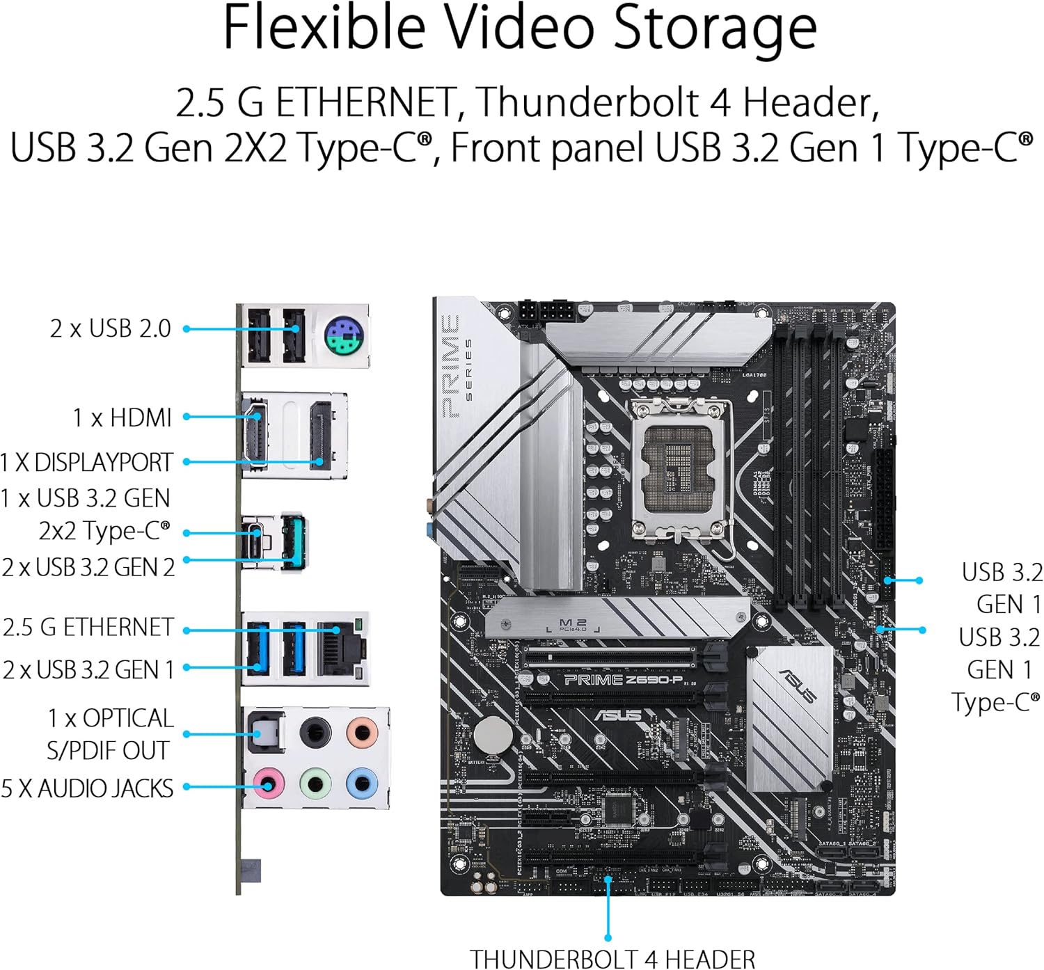 ASUS Prime Z690-P LGA 1700 (Intel 12th Gen) ATX Motherboard (PCIe 5.0, DDR5,14+1 Power Stages,3X M.2,2.5Gb LAN,V-M.2 e-Key,Front Panel USB 3.2 Gen 1 USB Type-C,Thunderbolt 4 Support,Arua Sync)