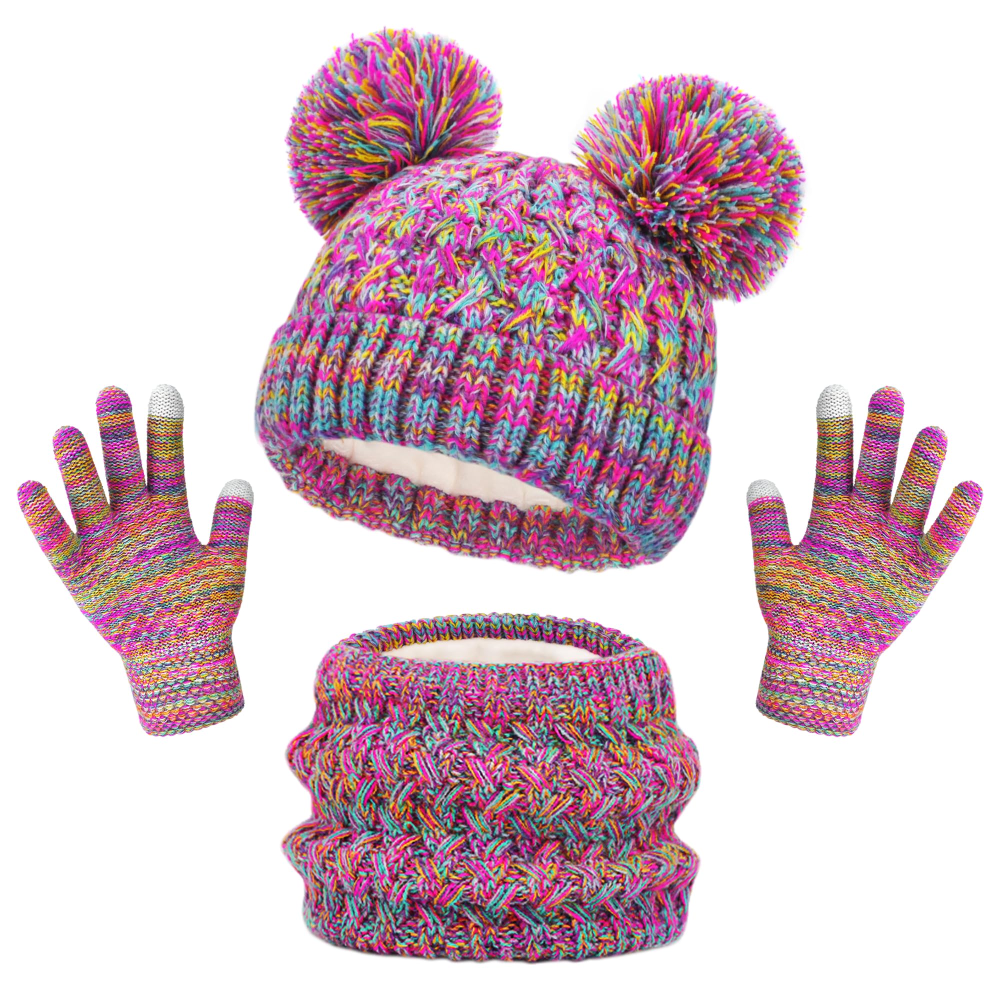 beifon Gorro de Punto Invierno con Guantes y Bufanda Niños Set Térmico Beanie Gorro Sombrero de Punto Invierno Cálido con Pompon para Niños Niñas, 0-3 Años