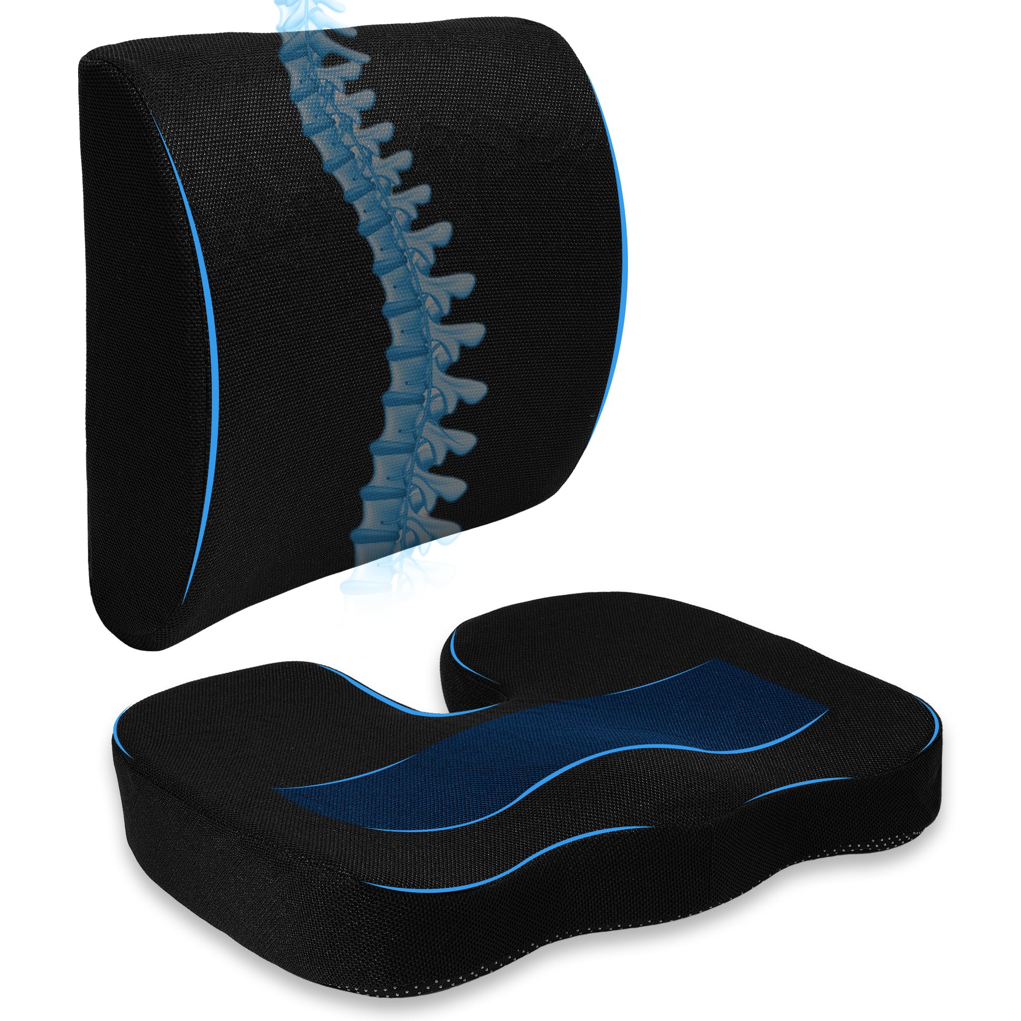 Cojin silla oficina, Cojin lumbar silla oficina, de espuma viscoelástica, correas ajustables y fundas extras de regalo. Ideal para largas horas sentado, aliviando la presión en el coxis y la columna.