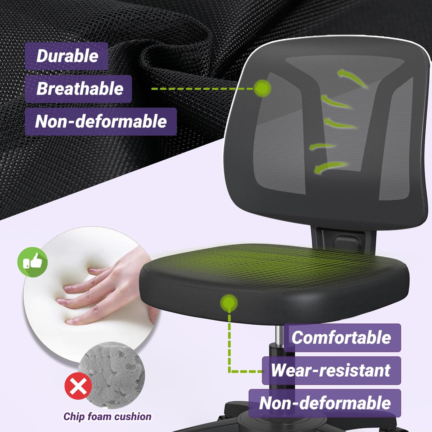 Swivel No Arms Small Home Desk Chair for Computer with Height Adjustable Lumber Support and Rotatoable Wheels for Small Spaces - Image 5