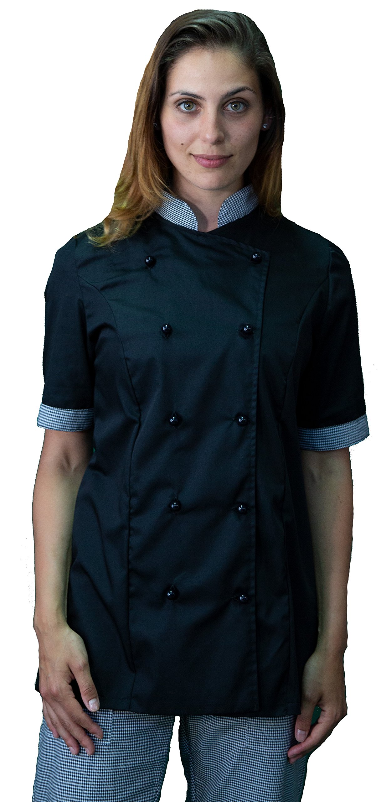Ricamo Gratuito - Completo Cuoco da Cucina - Nero e Pied de Poule - Divisa Chef Donna Manica Corta - Pantalone, Giacca e Grembiule - Made in Italy