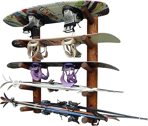 Miniatura 5 de Log Kayak Rack 5 soportes de pared para esquí y snowboard, soporte de pared para snowboard y esquí de pared para almacenamiento de snowboard, Marrón