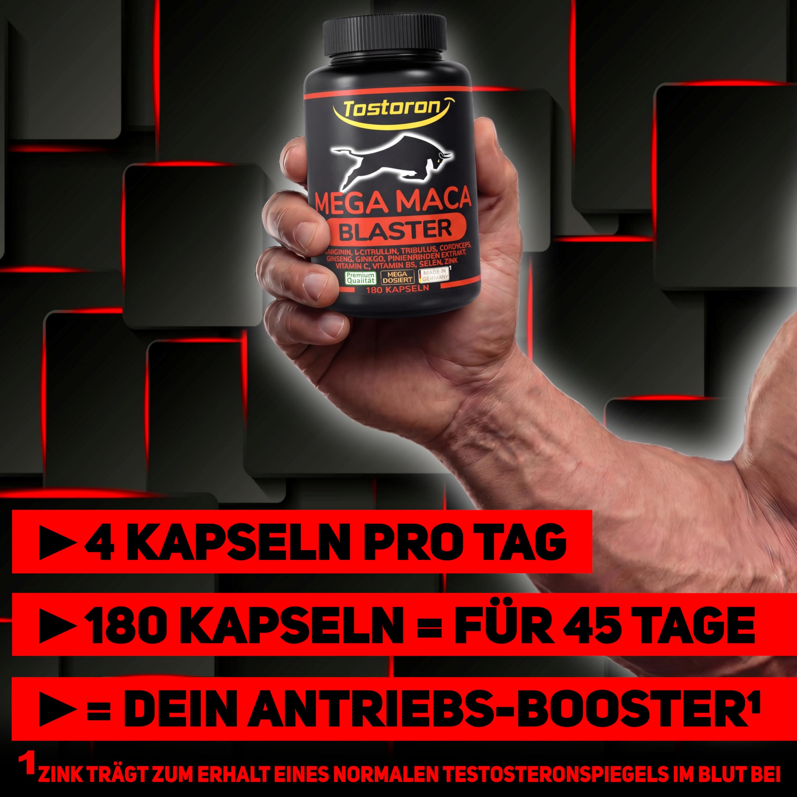 Tostoron MEGA MACA BLASTER hochdosiert - hol dir jetzt den TOSTORON HAMMER direkt nach Hause! 180 Kapseln MACA SCHWARZ, L-Arginin + Citrullin, Tribulus, Cordyceps, Pinie, Selen, Zink 1 Dose (1x158,4g)