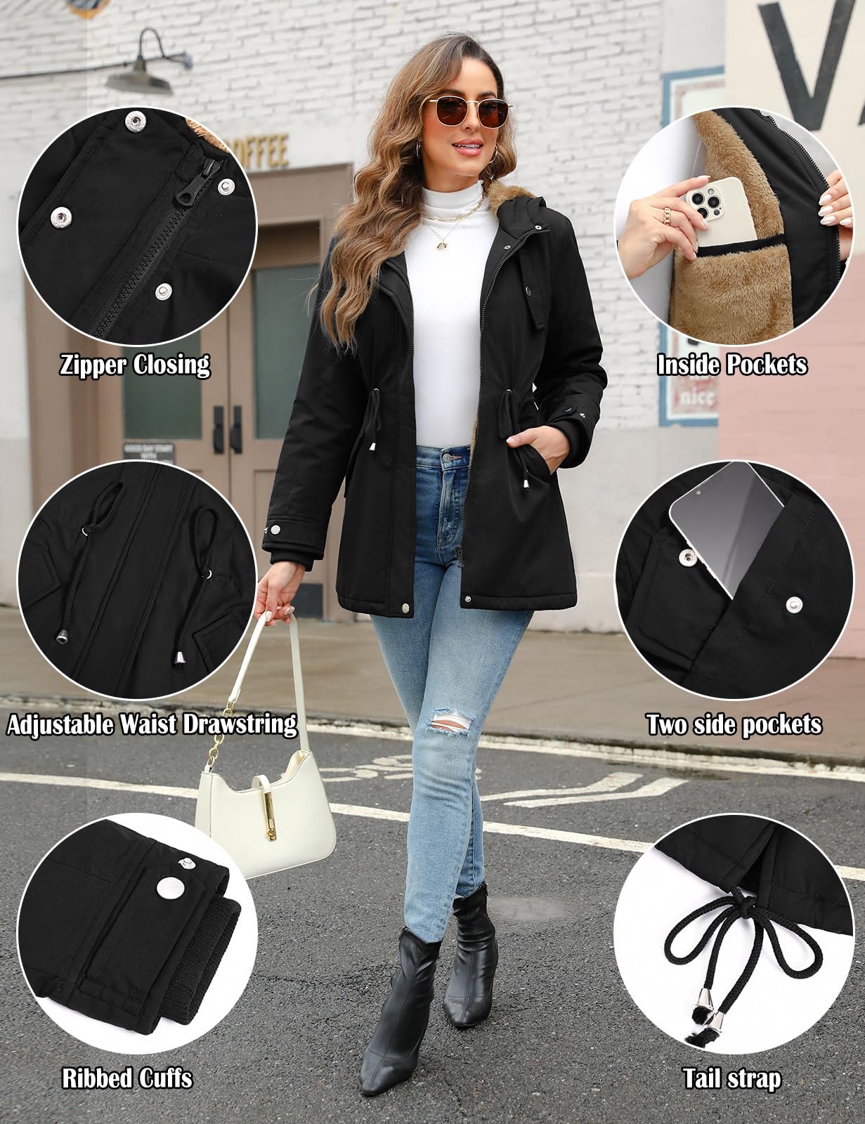 CMTOP Cappotto Donna Invernale con Cappuccio Foderati Giacca Antivento in Pile Termici Elegante Giubbotto Lungo Spessa Parka Cappotto Imbottito Casual con Tasche e Coulisse