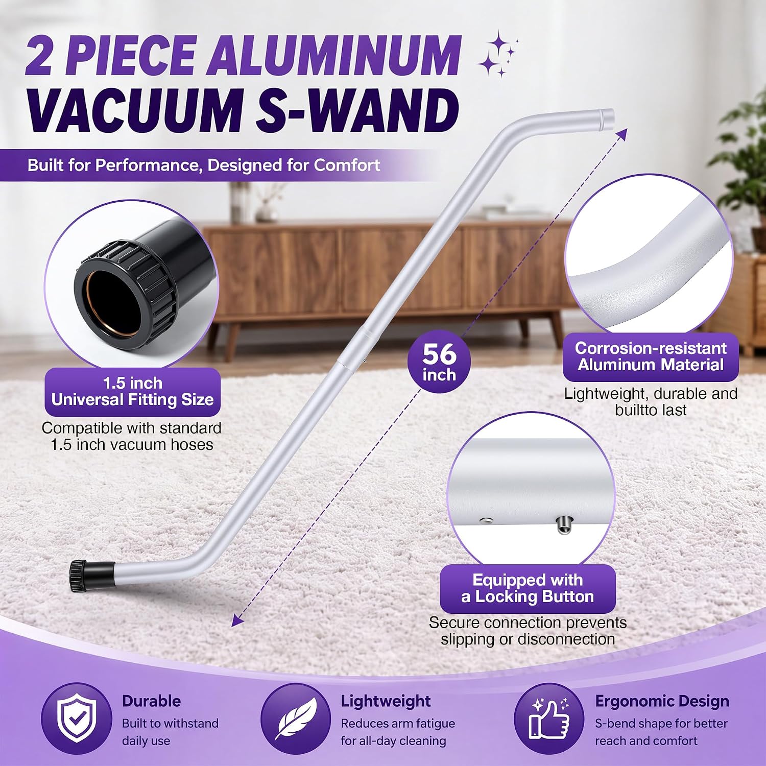 Vacuum Wand & Hose Replacement Compatible with ProTeam Backpack Vacuum Parts, 2 Piece Aluminum S-Wand & Static-Dissipating Hose with 1.5'' Cuffs for Commercial Backpack Replacement