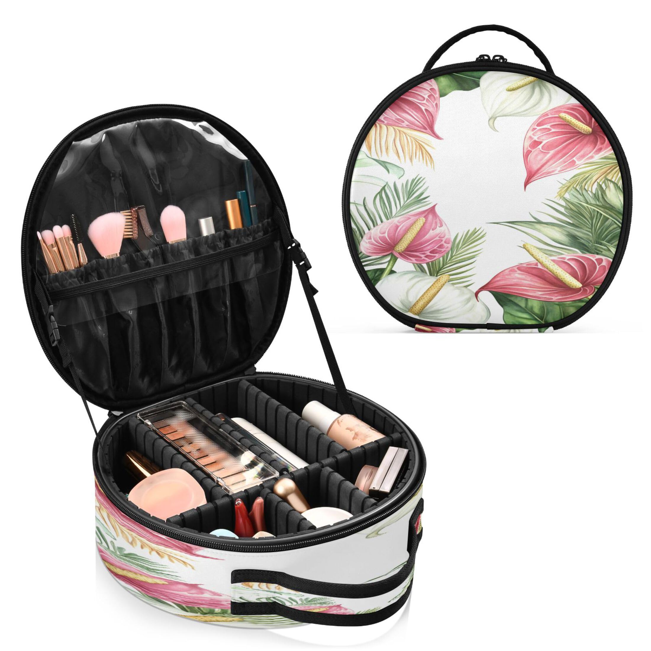 Takiito Watercolor Tropical Flowers Leaves Travel Makeup Case Portable Makeup Box Artist Cosmetic Case Organizer With Adjustable Dividers