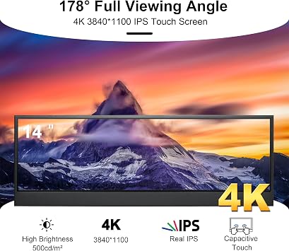 wisecoco 14'' 4K UHD IPS 3840x1100 Stretched Bar Touch Screen Display Monitor for Laptop Computer PC Speed Temperature Windows Aida64 CPU GPU HDMI Secondary Monitor for Music Media Timeline Editing