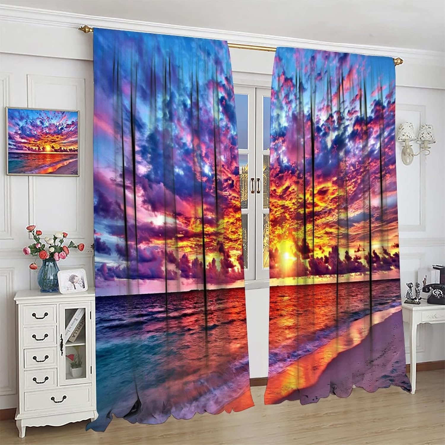 Beach Sunset Curtains Hawaii Beautiful Ocean View Print Pattern Decorative Rod Pocket Blackout Window Drapes 2 Panels Set for Bedroom Living Room Decor 55x63in